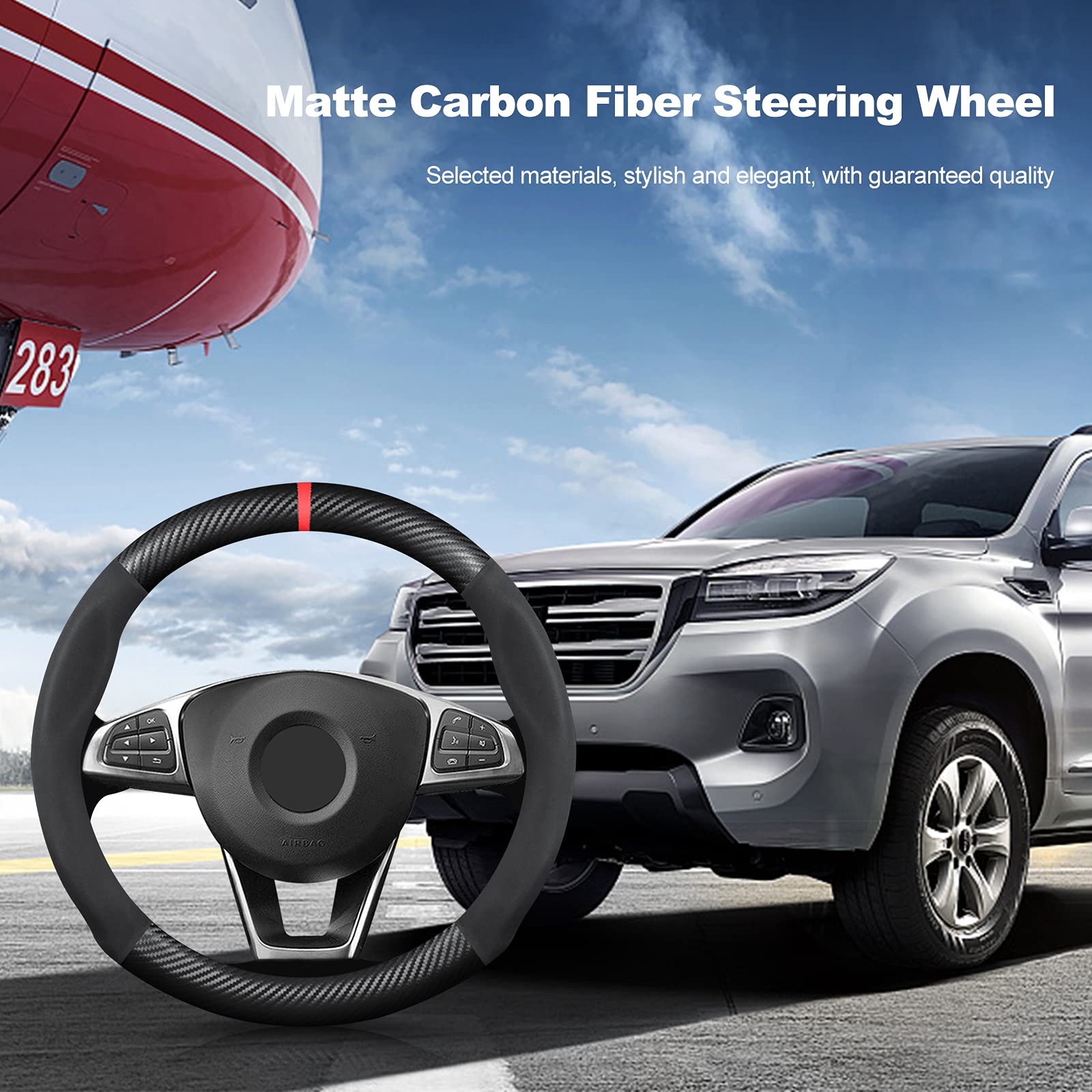 Premium Carbon Fiber & Microfiber PU Leather Steering Wheel Cover - Anti-Slip, Breathable, Sweat Absorbent - 15