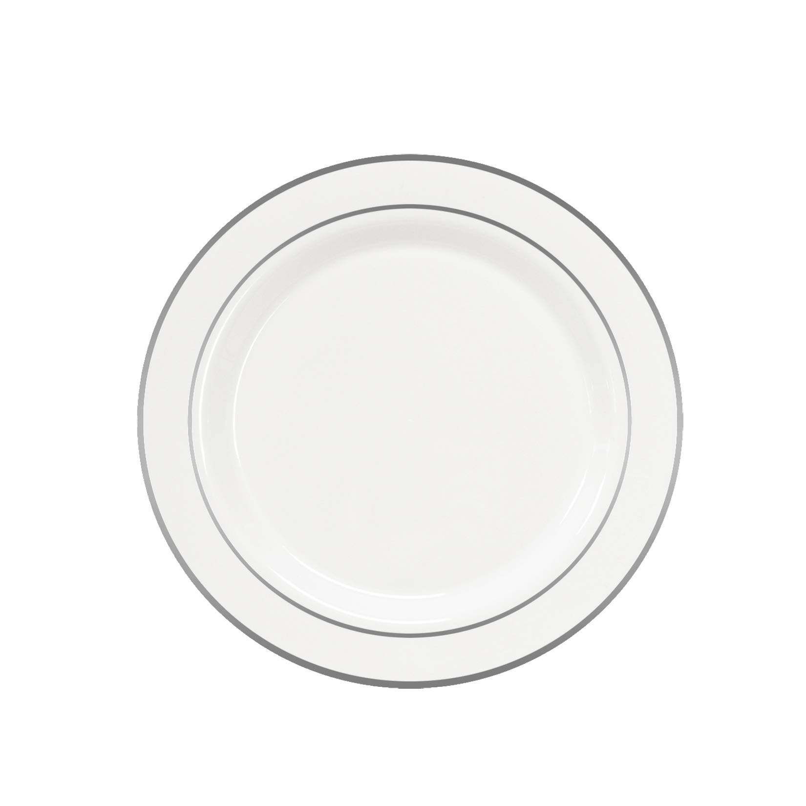 Divine Plastic Plates with Silver Rim - 10.25 Inch White Party Plates (Pack of 144) - Elegant Disposable Dinnerware for Weddings, Birthdays & Special Events