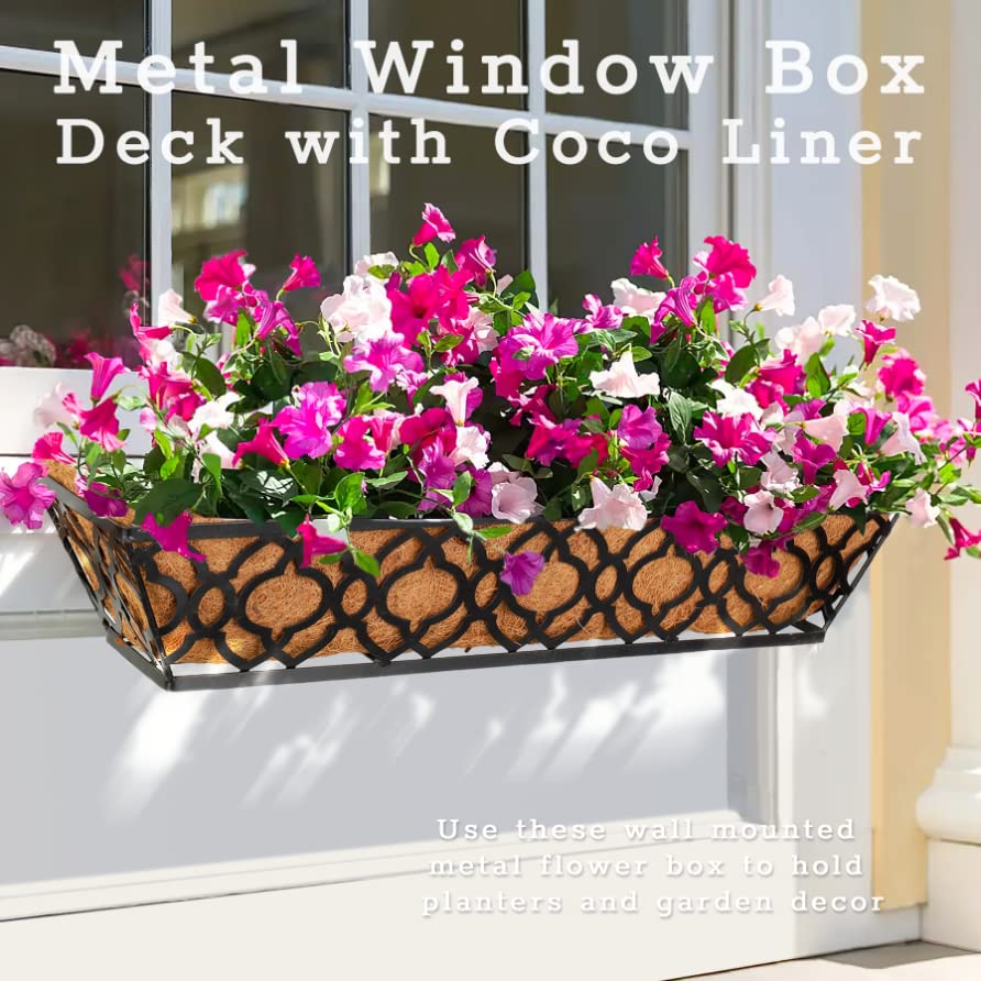 2 Pack 24 Inch Metal Window Box Planter with Coconut Coir Liner - Hanging Flower Basket for Deck, Railing, Indoor & Outdoor Use - Perfect for Herbs, Flowers, and Home Gardening Decor