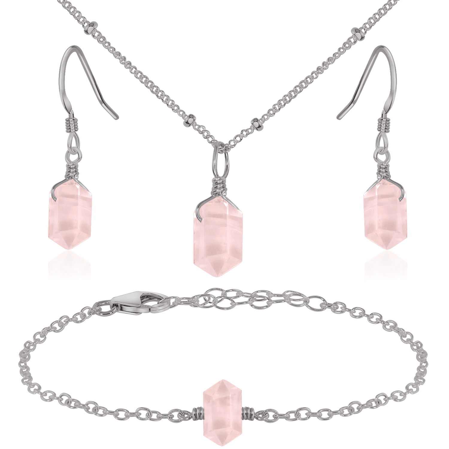 Rose Quartz Double Terminated Crystal Jewelry Set - Healing Stone Necklace & Earrings for Women - Perfect for Meditation, Energy Healing & Spiritual Gifts