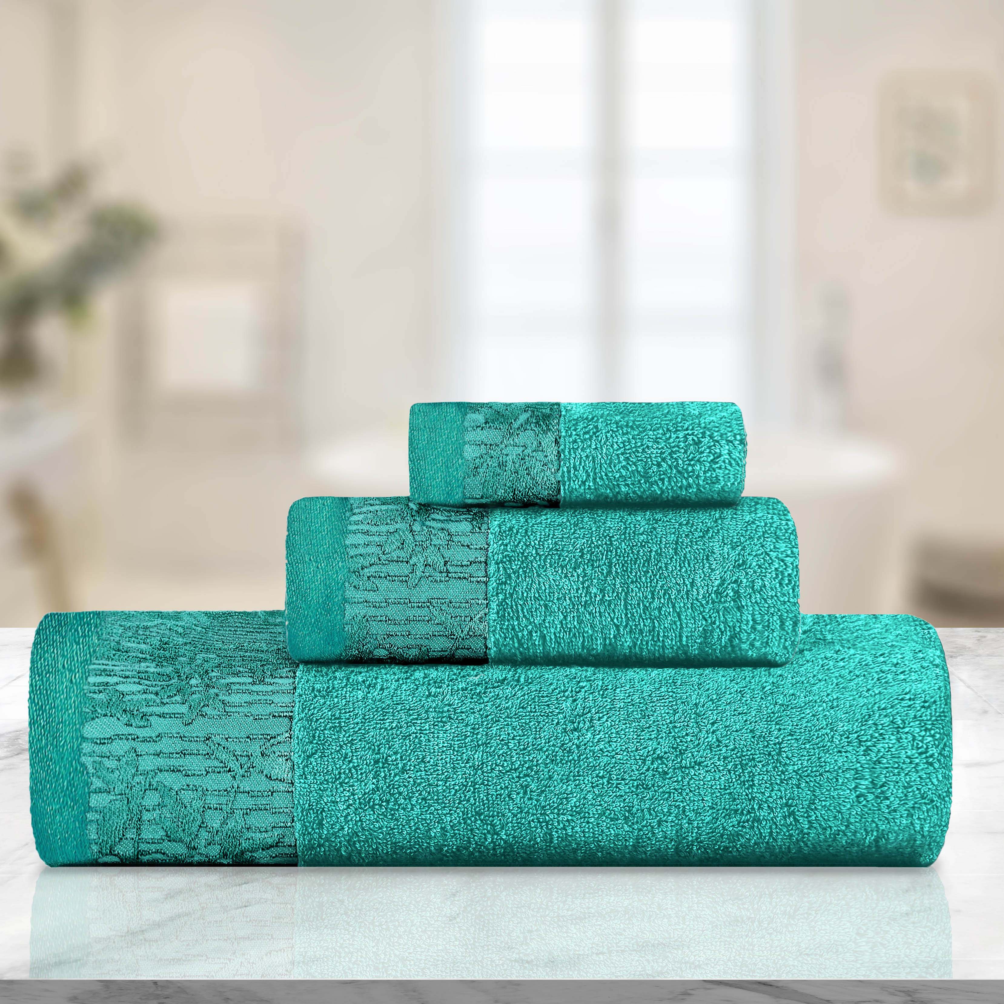 Wisteria Cotton Floral Embroidered Jacquard Border 3-Piece Bath Towel Set - Soft & Absorbent for Spa, Bathroom & Guest Room Decor