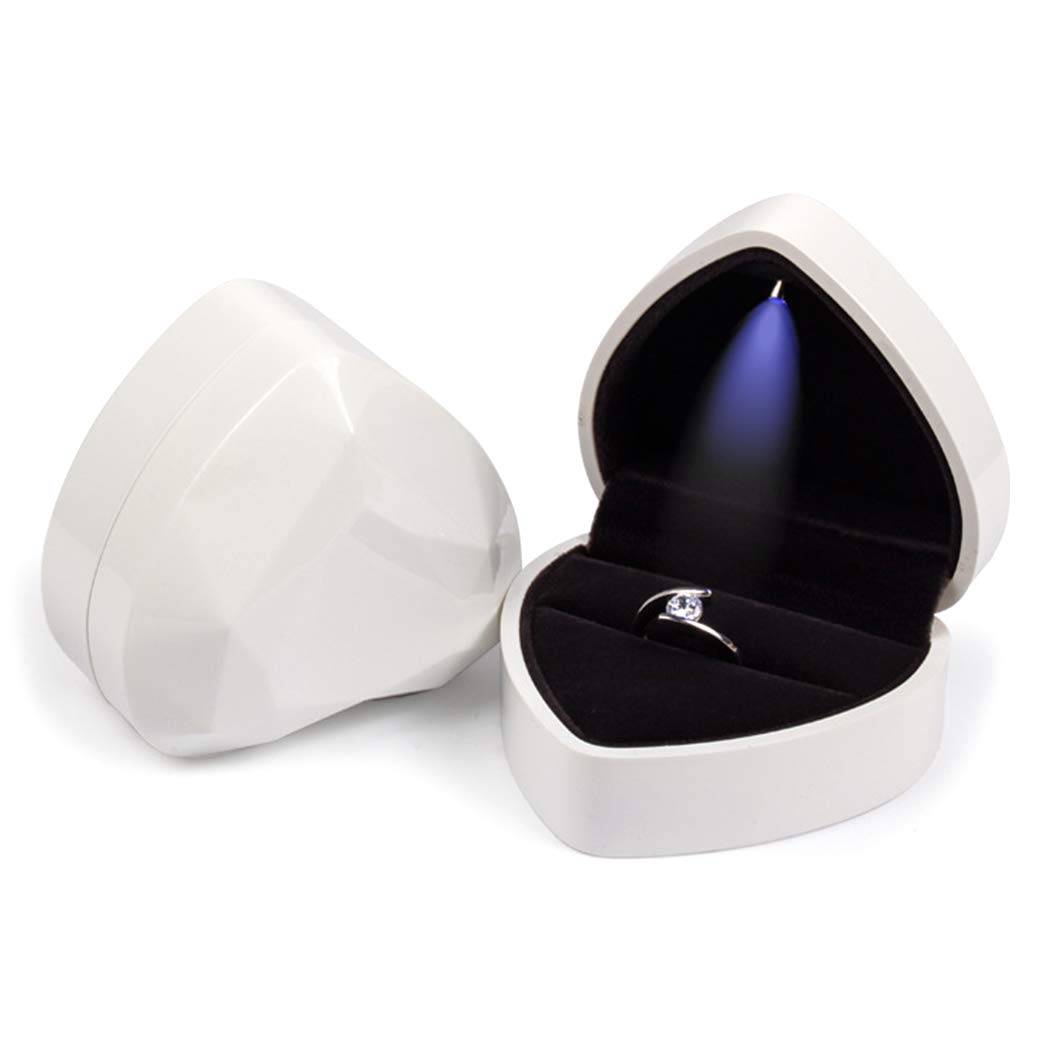 Heart Shaped LED Ring Box with Light - Elegant Jewelry Gift Box for Engagement, Wedding, Proposal, Valentine's Day, Anniversary & Christmas - Perfect for Romantic Surprises & Special Occasions (White)