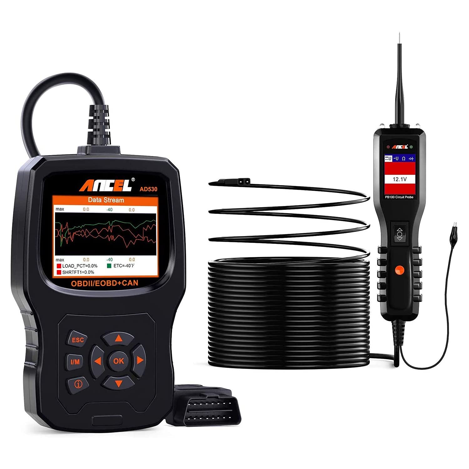 ANCEL AD530 OBD2 Scanner & PB100 12/24V Circuit Tester Kit - Professional Car Diagnostic Tool for Engine Fault Codes, Battery Testing | Perfect for Mechanics, DIY Auto Repair & Vehicle Maintenance
