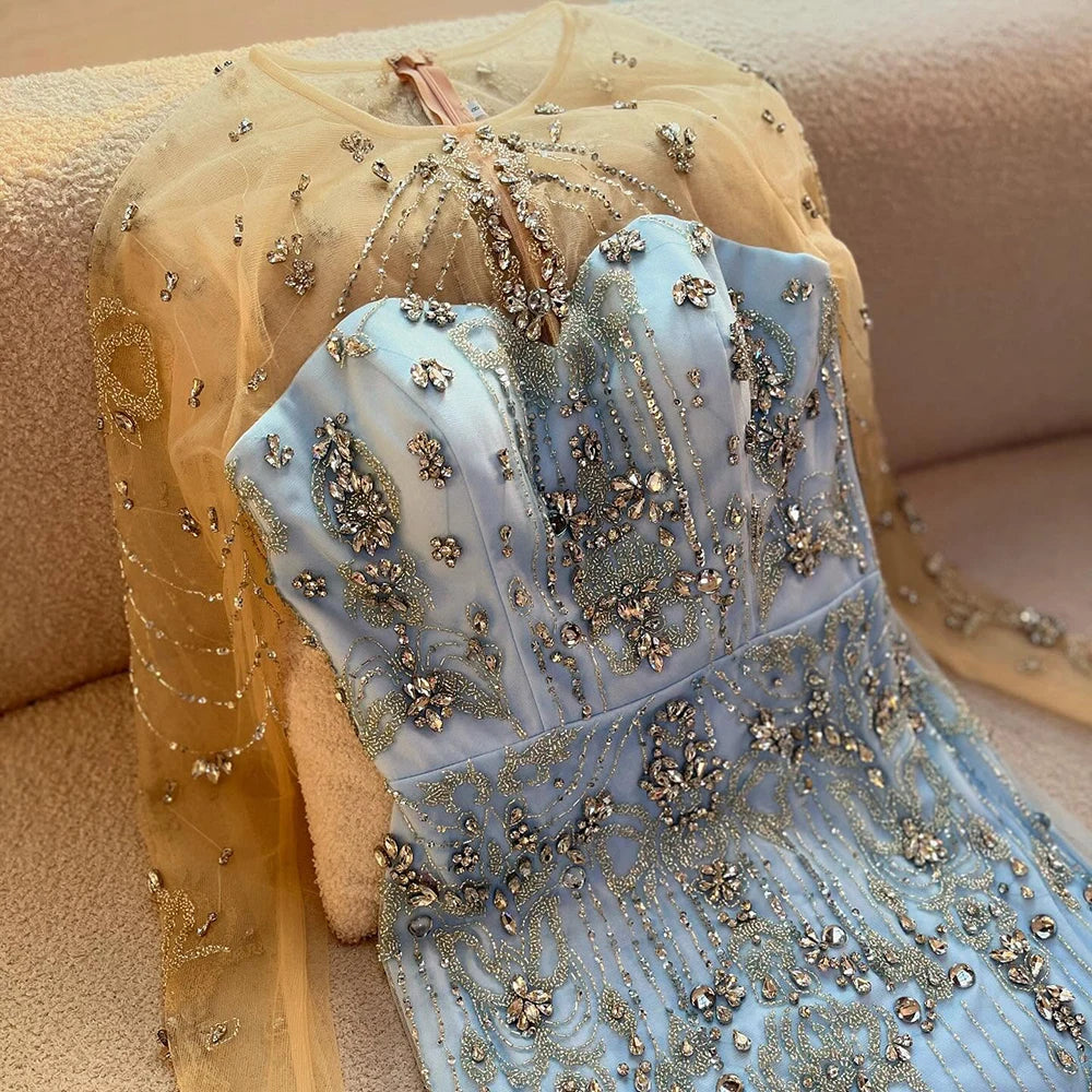 Luxury Dubai Elegant Blue Saudi Arabic Evening Gown with Overskirt - Crystal Beaded Formal Dress for Women - Perfect for Weddings, Galas & Special Occasions LA72757