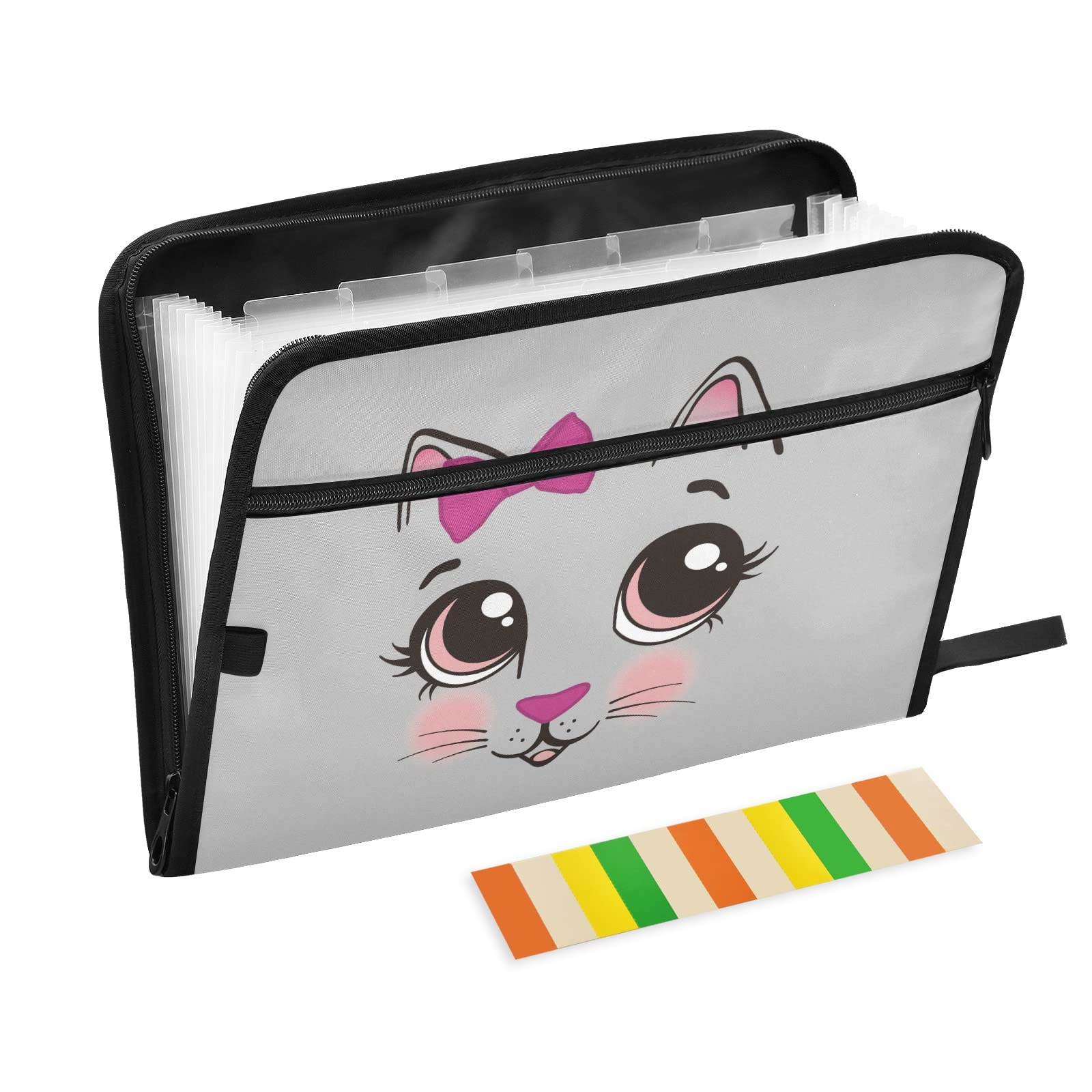 UMIRIKO Cute Cat 13 Pocket Expanding File Folder with Sticky Labels - A4 Letter Size Accordion Organizer with Zipper Closure - Perfect for Office Documents, School Papers, Receipts & Home Organization (20220468)