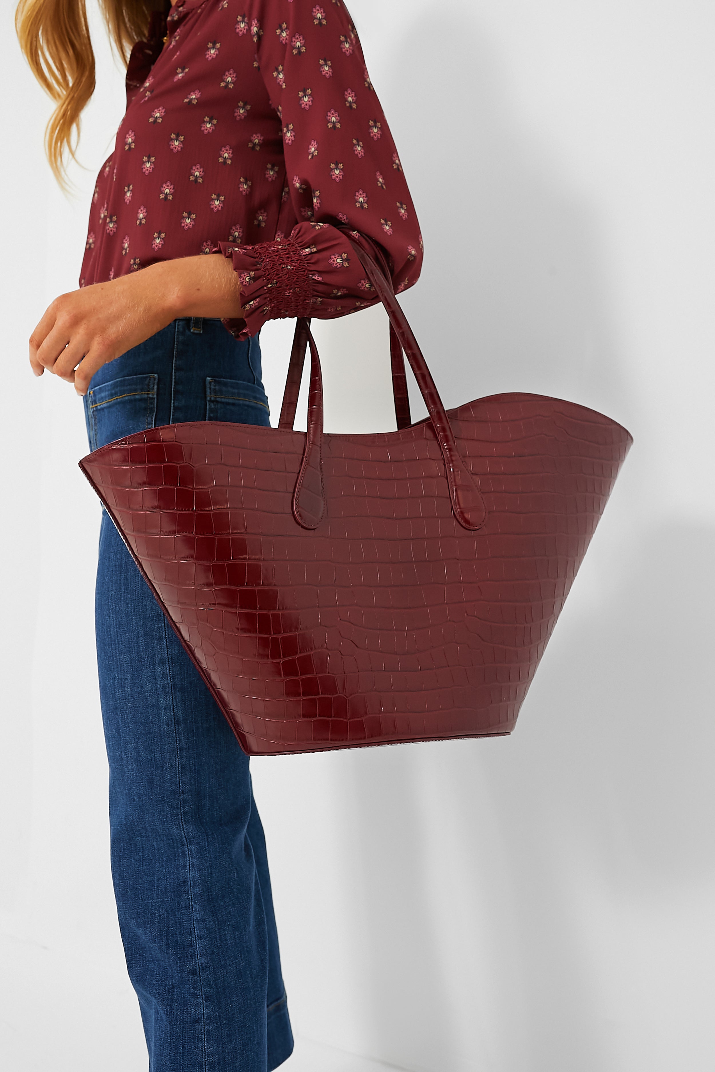 Bordeaux Croc Open Tulip Large Tote Bag for Women - Stylish & Spacious Handbag for Work, Travel & Shopping