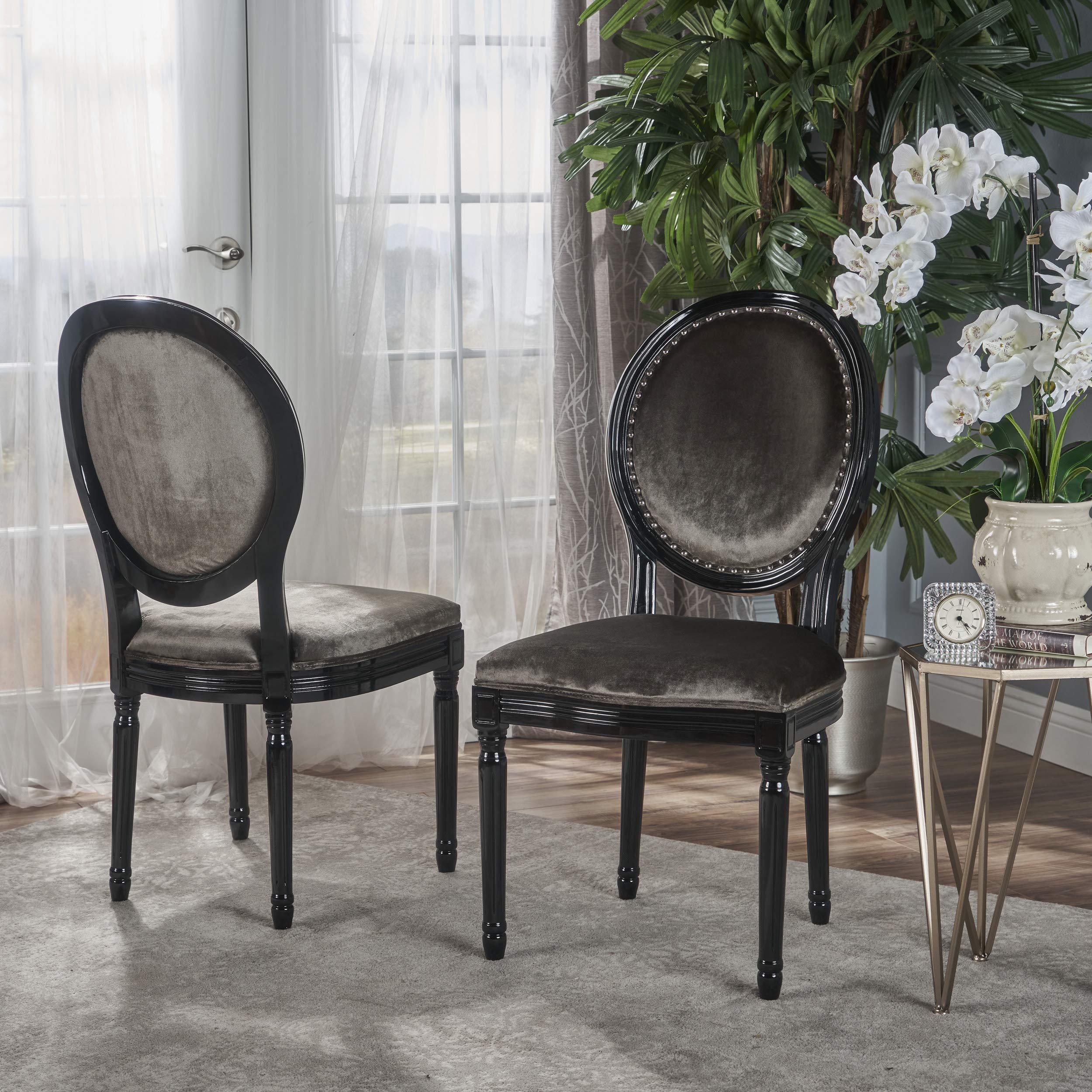 Christopher Knight Home Leroy Traditional Velvet Dining Chairs with Gloss Black Legs, Set of 2, Grey & Black - Elegant Seating for Formal Dining Rooms, Kitchen Tables & Home Offices
