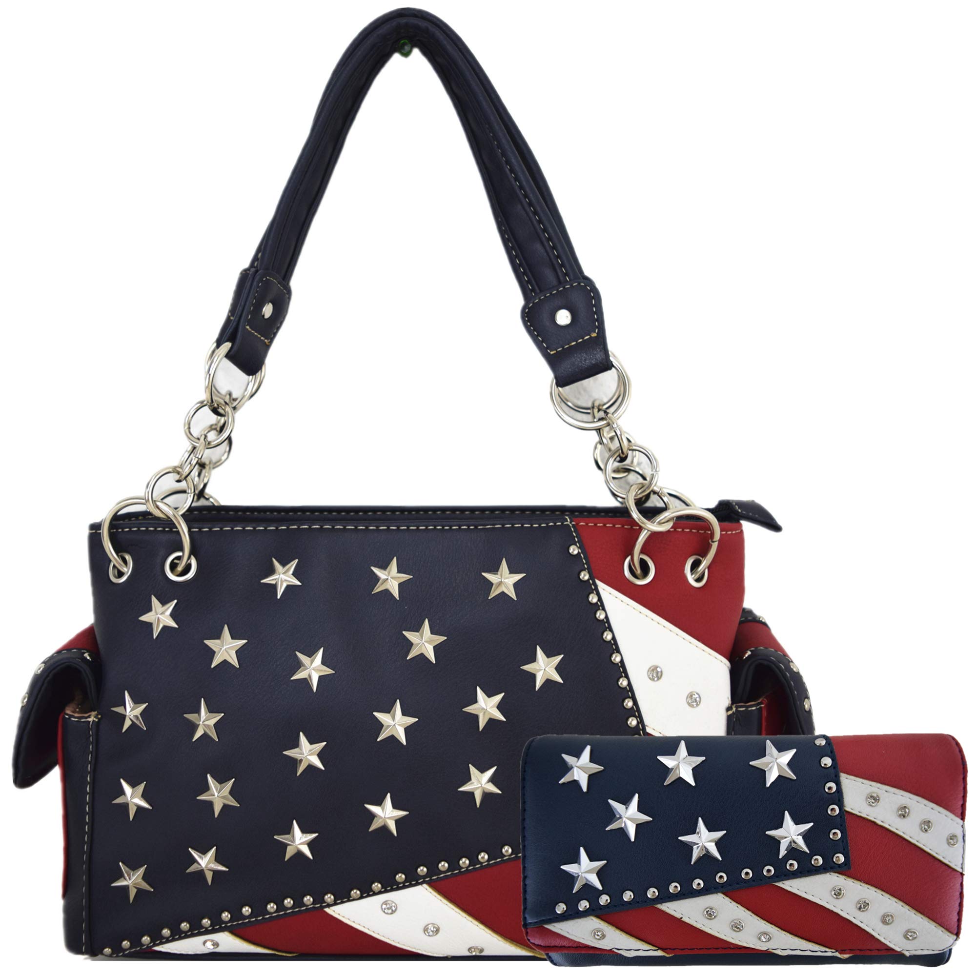 Western Cowgirl American Flag Rhinestone Leather Handbag & Wallet Set - Stars & Stripes Design, Red White Blue Large Women's Country Purse for Rodeo, Concerts, and Patriotic Events