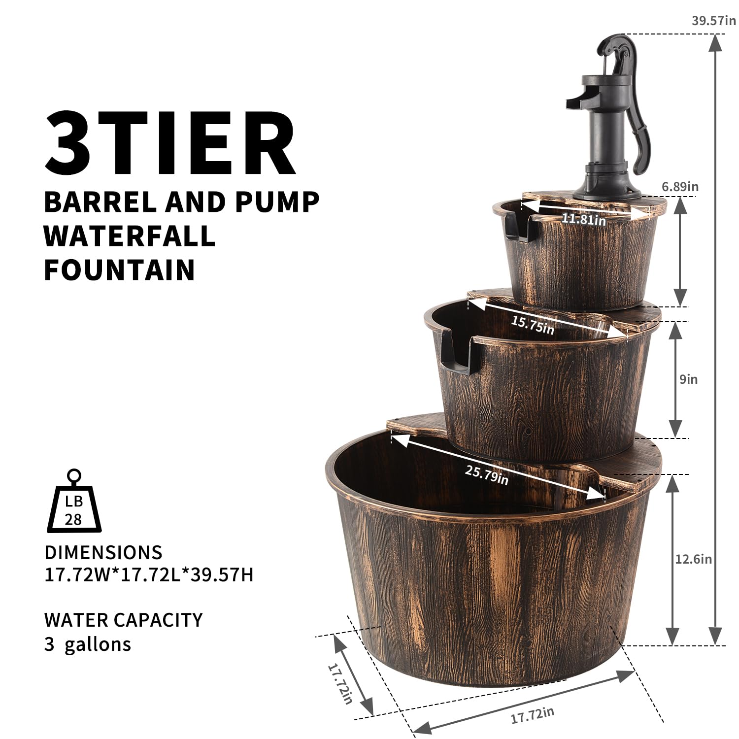 YI 40-Inch 3-Tier Barrel Waterfall Fountain - Rustic Wood Outdoor Water Feature with Pump for Garden, Patio, Backyard - Perfect for Relaxation & Landscape Decoration
