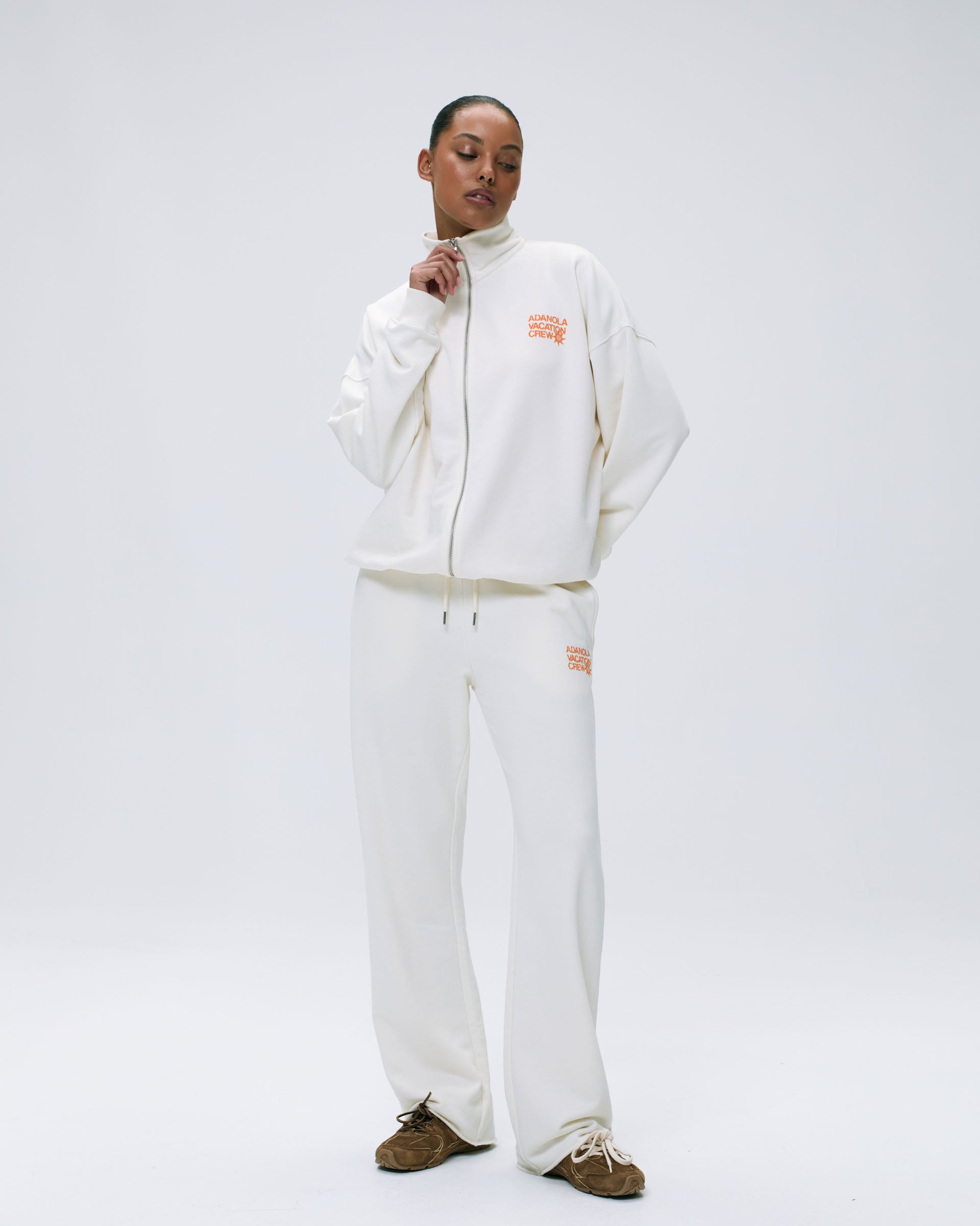 Vacation Full Zip Funnel Neck Sweatshirt - Marshmallow White & Mango Orange | Cozy Pullover Hoodie for Travel, Camping & Casual Outfits