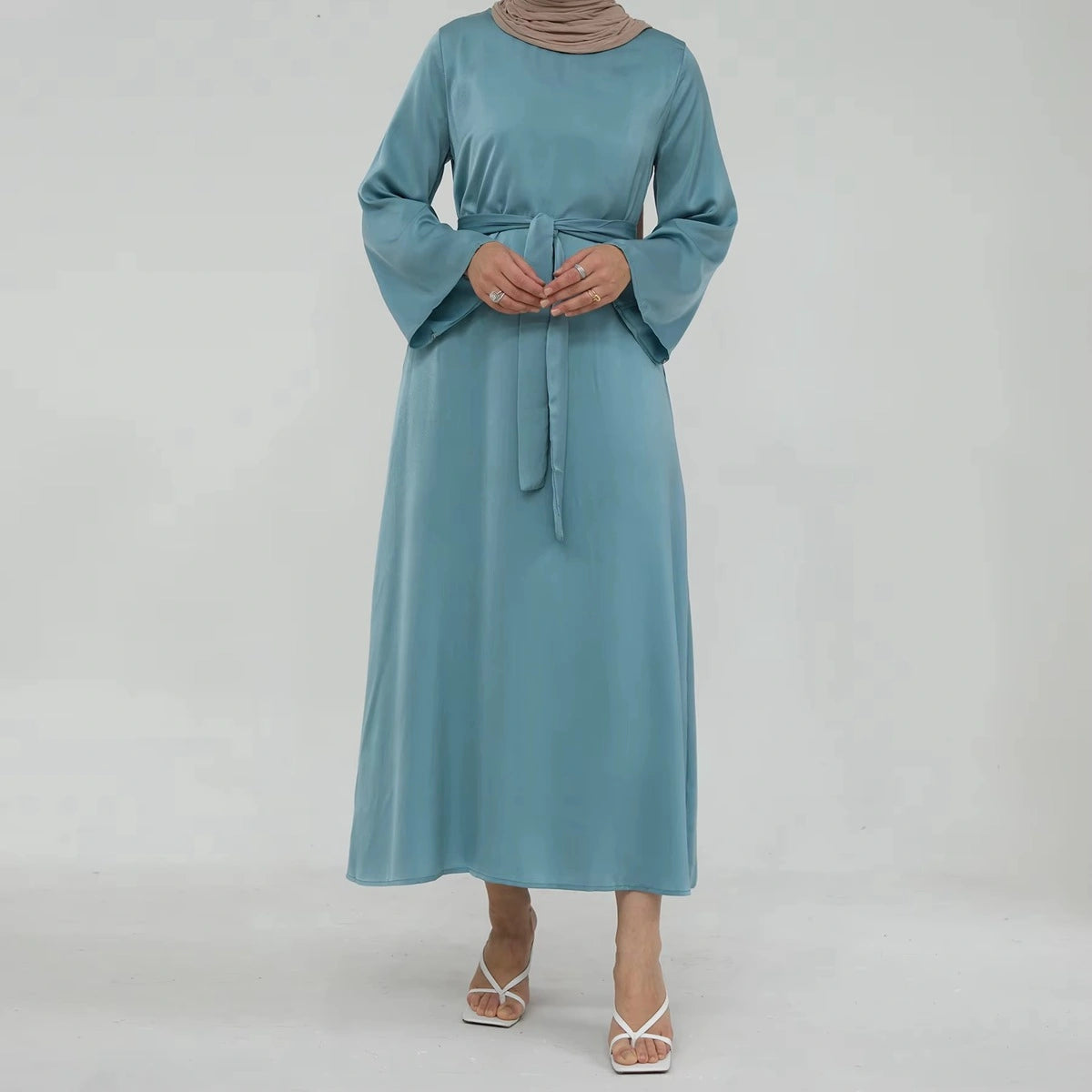 Elegant Muslim Women's Solid Color Satin Abaya Dress with Pocket & Belt - Perfect for Prayer, Eid, and Special Occasions