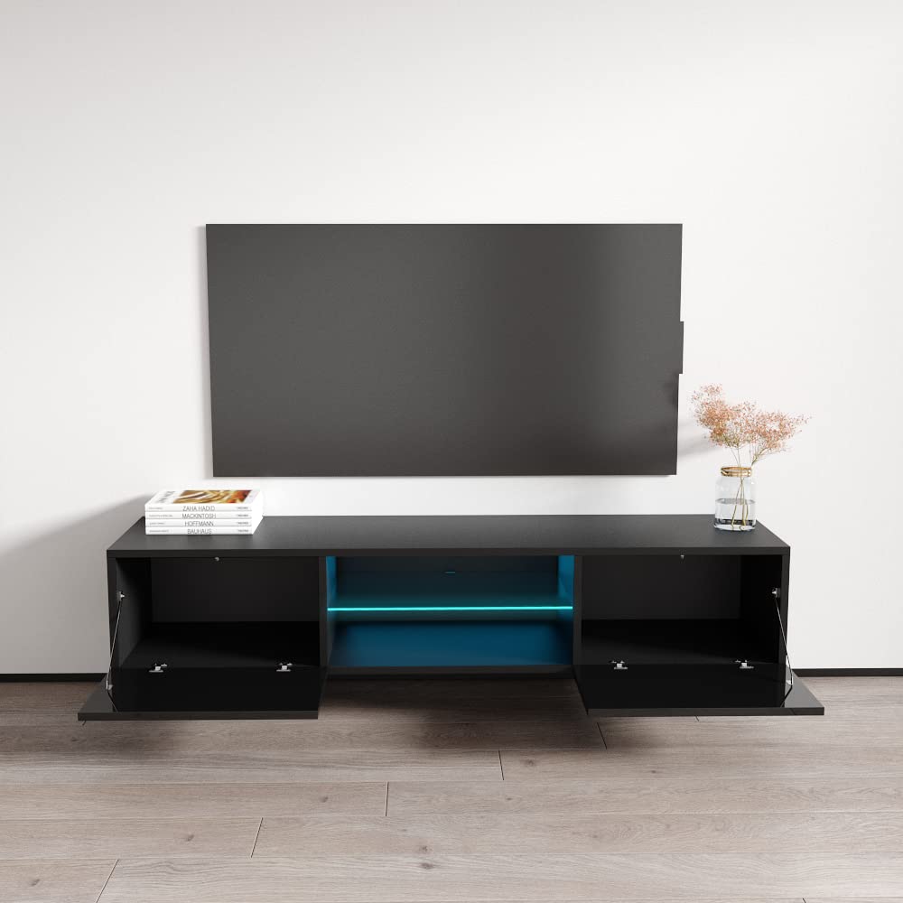 Modern Floating TV Stand with Storage & LED Lights - High Gloss Rectangular Media Console for TVs Up to 70