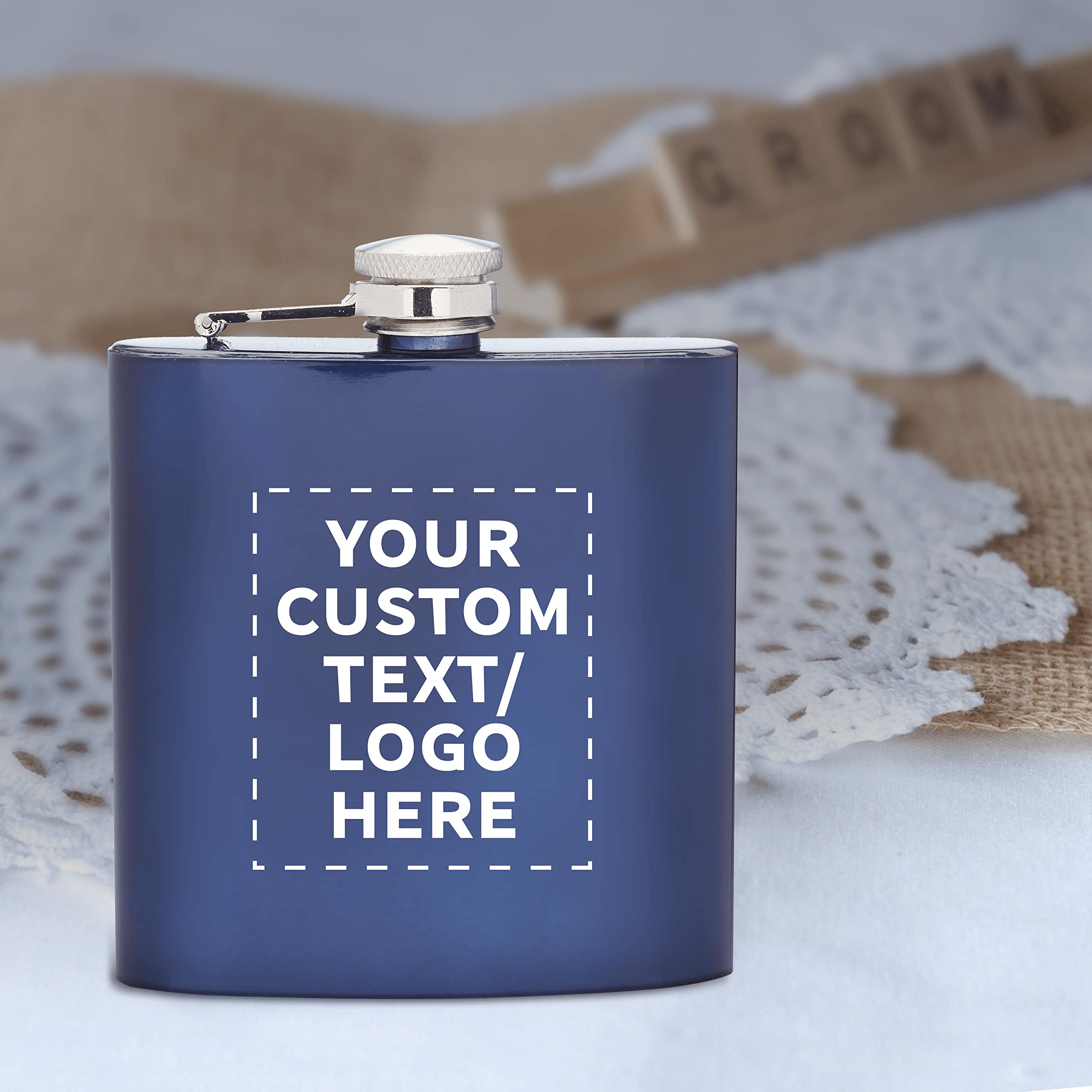 50-Pack Personalized Stainless Steel Hip Flasks 6oz - Engraved Wedding Party Gifts, Groomsmen Gifts & Outdoor Accessories - Screw Top Cap, Durable Murano Design in Blue | Perfect for Camping, Hiking, Bachelor Parties & Corporate Events
