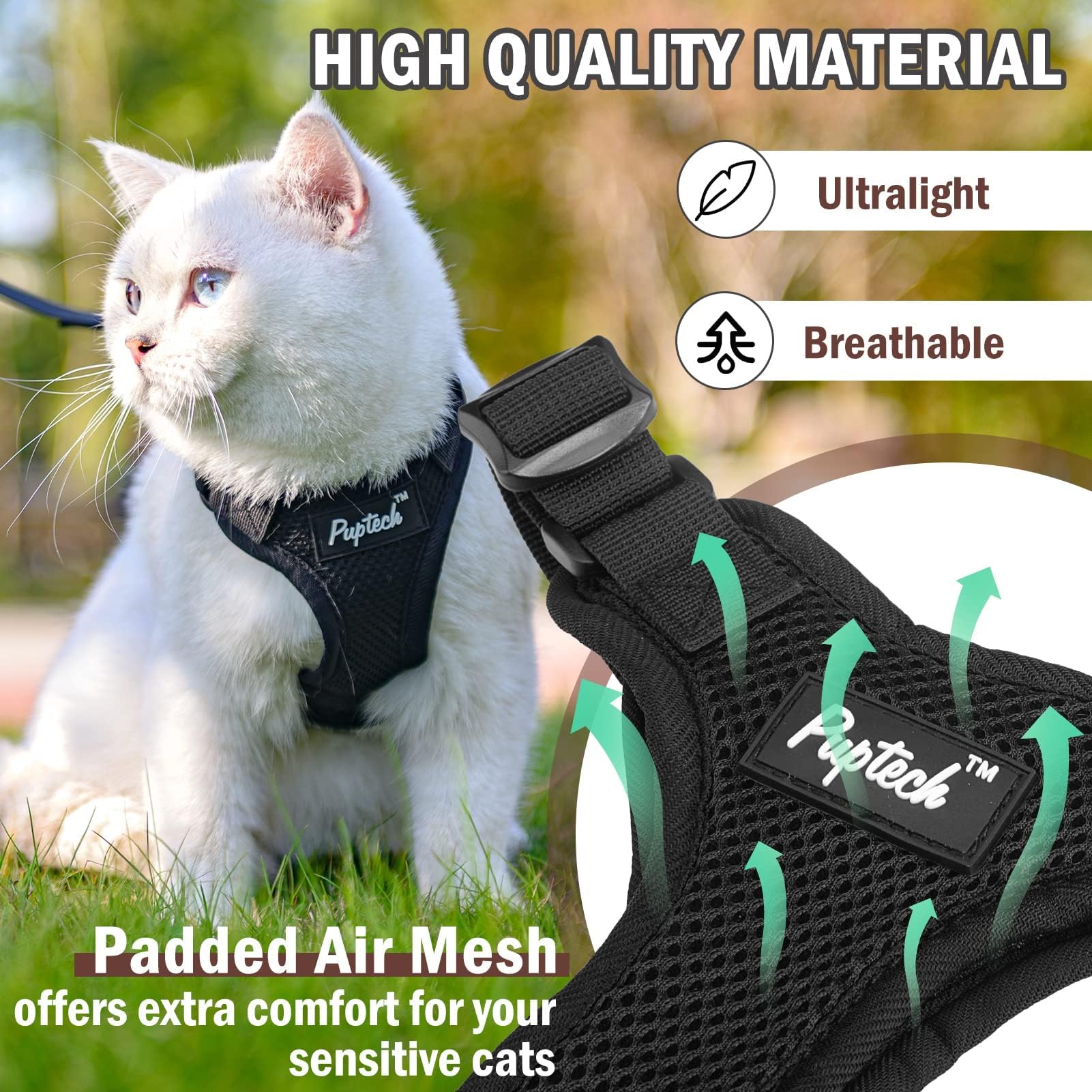 PUPTECK Escape-Proof Cat Harness & Leash Set - Adjustable Breathable Mesh Vest for Cats, Puppies & Small Pets - Reflective Night Safety (Medium, Black) - Perfect for Outdoor Walks, Park Adventures & Vet Visits