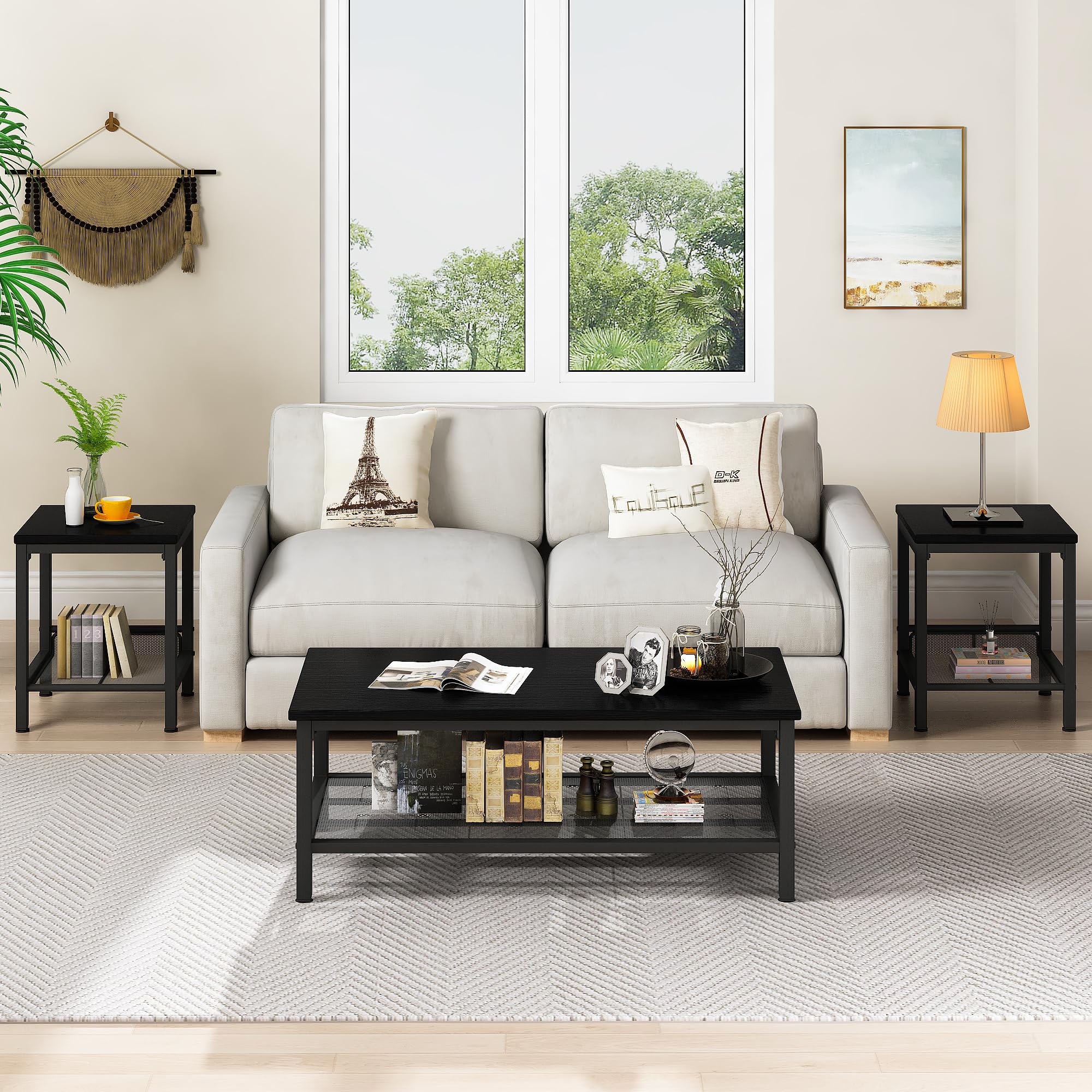 AWQM 3-Piece Industrial Coffee Table Set with 2 Square End Tables - Modern Metal Frame Living Room Furniture for Apartment, Home Office - Black | Perfect for Small Spaces, Entertaining Guests & Stylish Home Decor