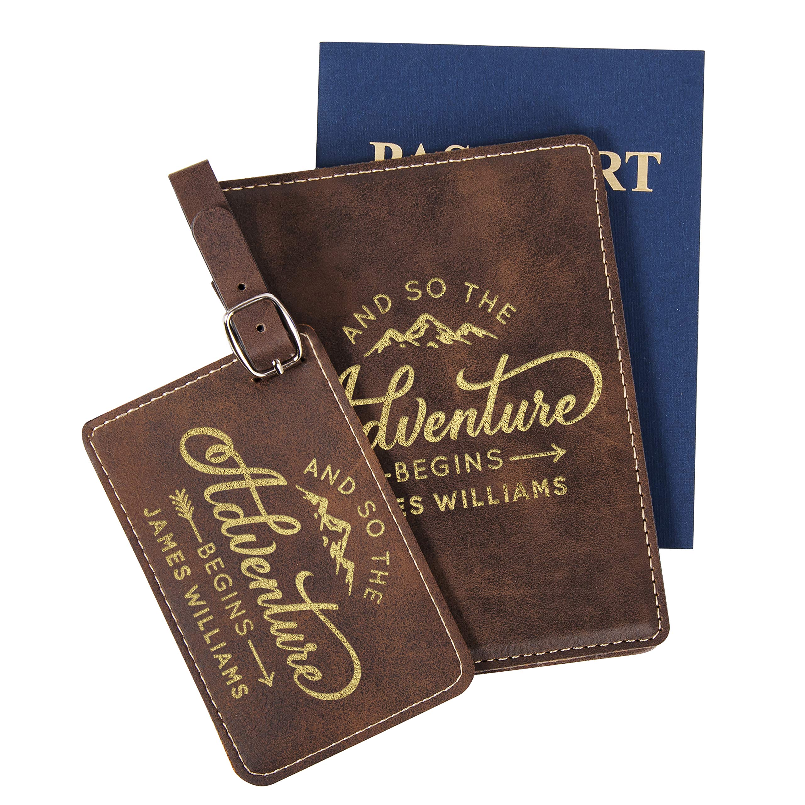 Custom Engraved Leather Passport Holder & Luggage Tag Set - 18 Unique Designs - Personalized Travel Accessories with Name for Men & Women | Perfect for International Travel, Honeymoon & Business Trips