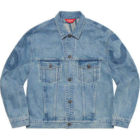 Supreme Inset Logo Denim Trucker Jacket for Men - Classic Blue Denim Jacket with Embroidered Logo | Streetwear Fashion, Casual Outfit Essential for Everyday Wear