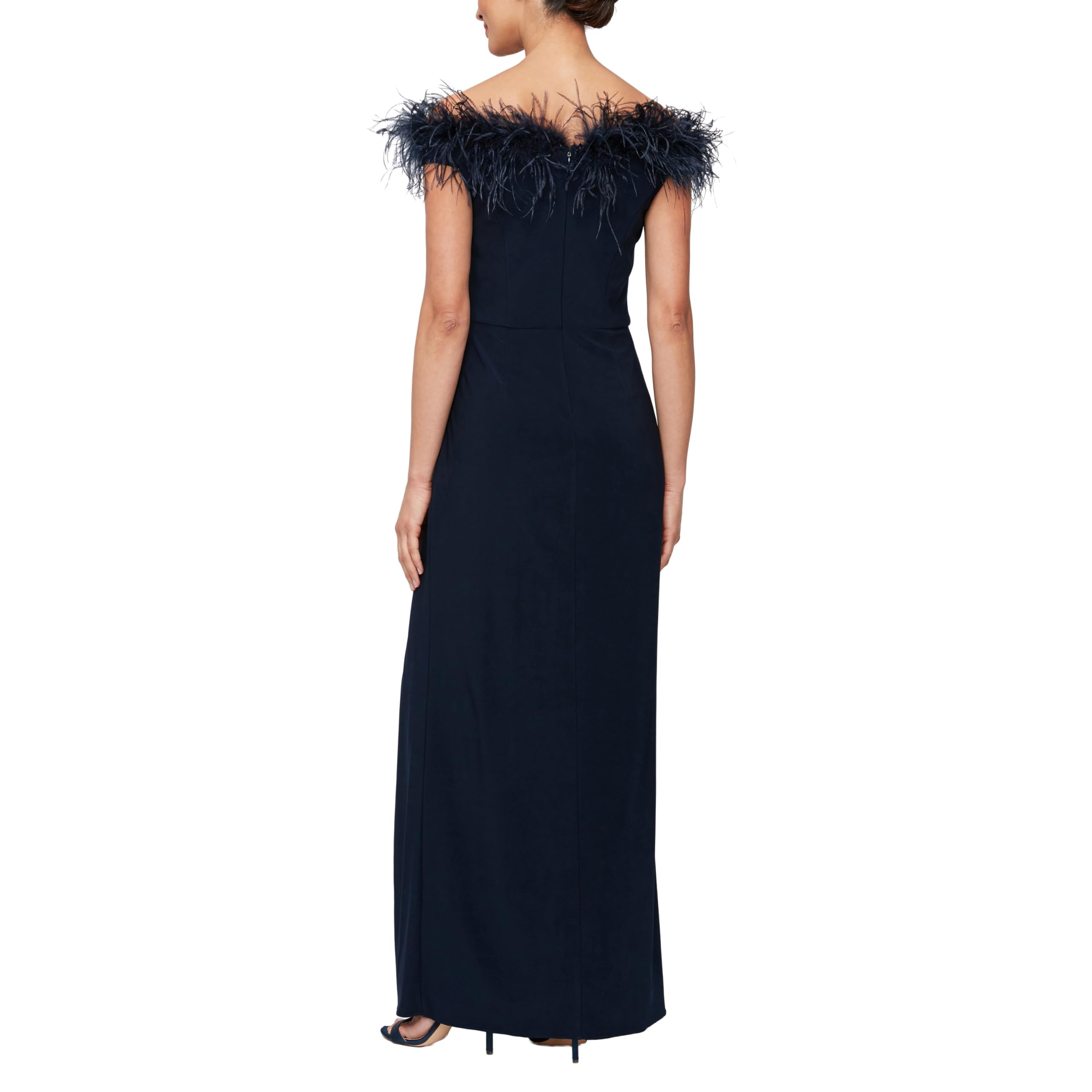 Alex Evenings Women's Long Off-Shoulder Formal Gown with Front Slit & Feather Trim Neckline - Elegant Evening Dress for Prom, Gala, Wedding & Black Tie Events