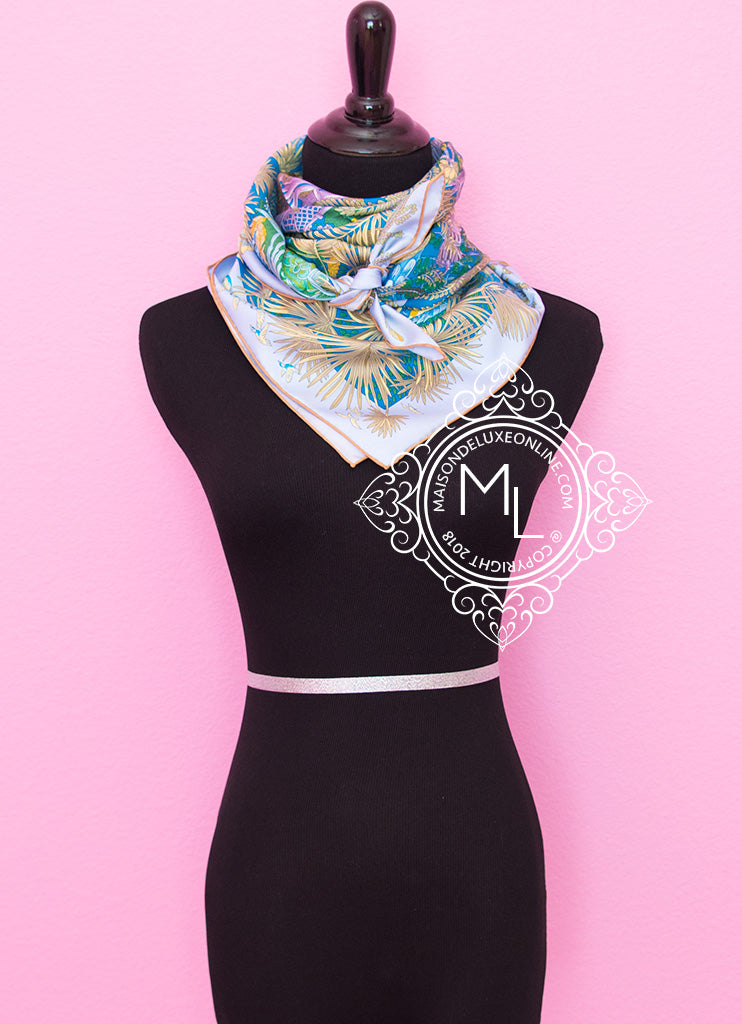 Hermes Blue Twill Silk Scarf 90 cm - Jardin à Sintra Design - Luxury Fashion Accessory for Women - Perfect for Gifts, Parties, and Everyday Elegance