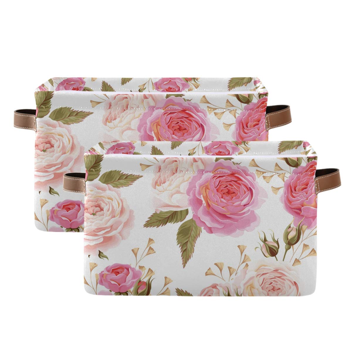 AGONA Large Foldable Storage Bin - Spring Pink Rose Floral Fabric Basket with Leather Handles | Collapsible Decorative Organizer for Closet, Bedroom, Nursery | Home Storage Solution for Toys, Blankets & Seasonal Items (1 Pack)