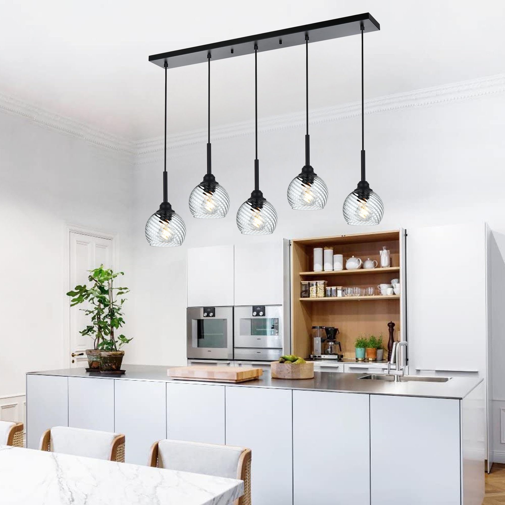 5-Light Black Blown Glass Pendant Light with Striped Swirl Globe - Modern Kitchen Island Lighting, Hanging Ceiling Lamp for Dining Room, Bar & Living Room - Perfect for Contemporary Home Decor and Ambient Lighting