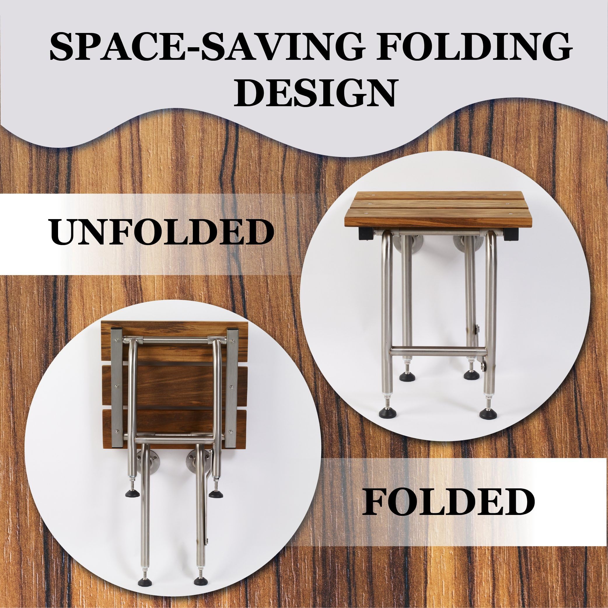 Premium Teak Shower Bench with Sturdy Legs - ADA Compliant Folding Shower Chair for Elderly & Disabled - Wall Mounted Shower Seat Supports 600lbs - 304 Stainless Steel Frame - 34.5