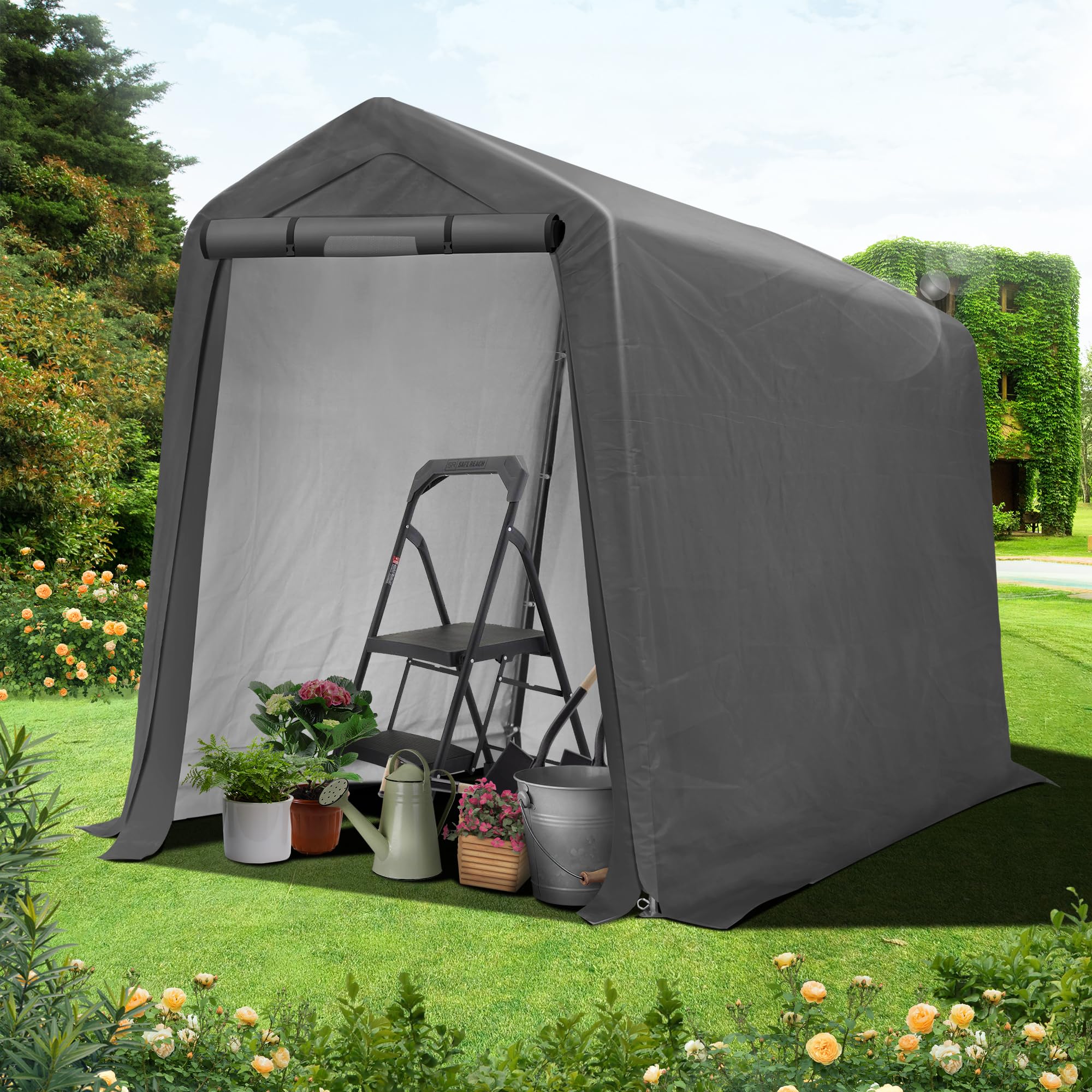 6x7FT Heavy Duty Outdoor Storage Shed - Portable Garage Tent with Roll-up Ventilated Door for Bike, ATV, Motorcycle Shelter | Perfect for Backyard, Garden & RV Storage