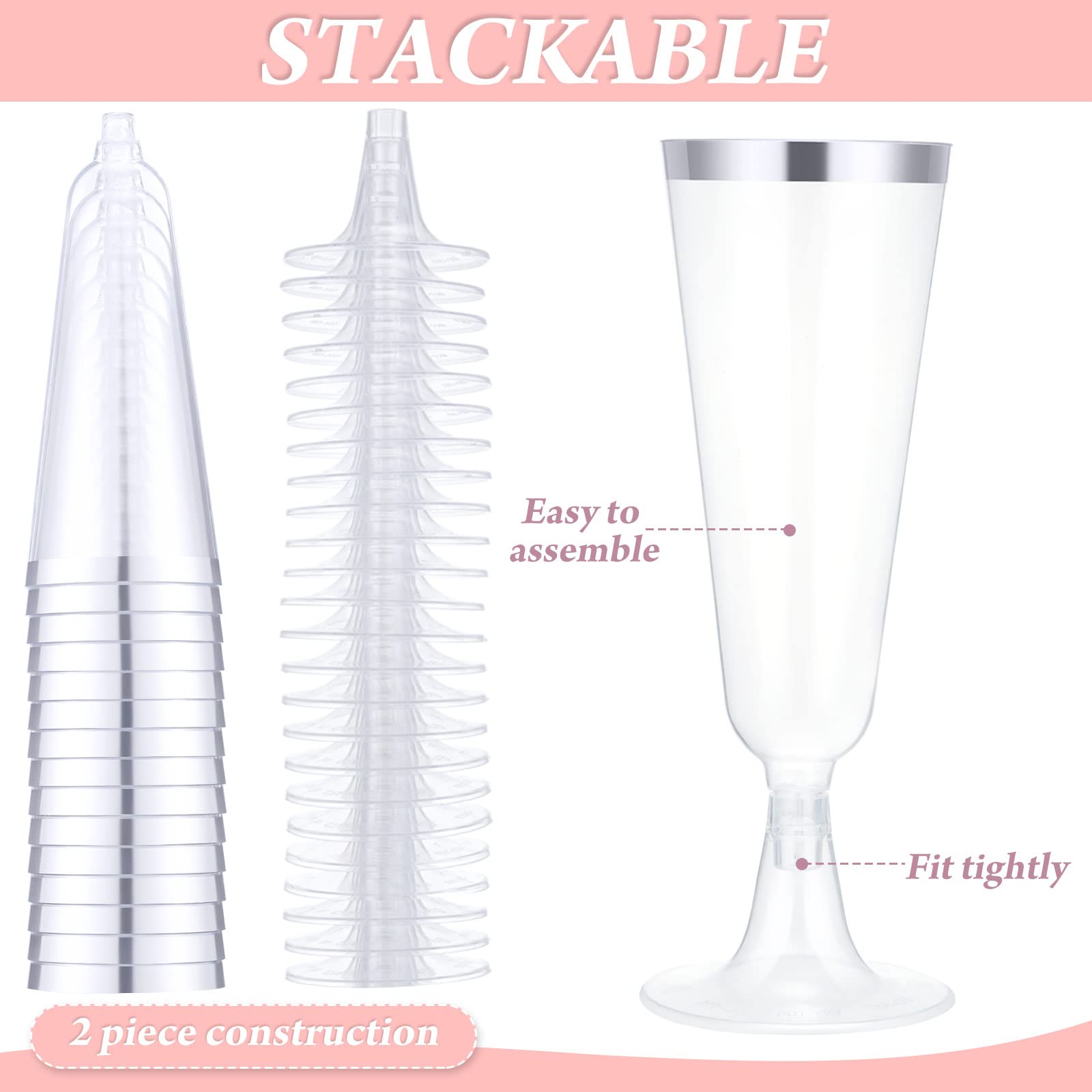 200 Pack Disposable 5 Oz Plastic Champagne Flutes - Silver Wedding Party Cups for Toasting, Cocktails & Celebrations | Elegant & Shatterproof Drinkware for Weddings, Receptions, Bridal Showers & Special Events