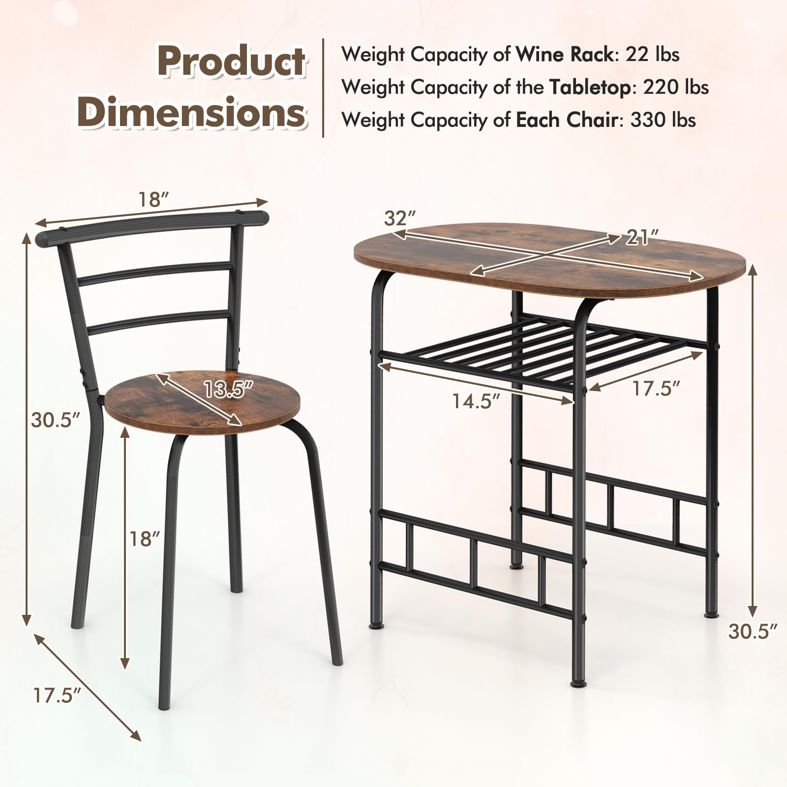 Giantex 3-Piece Space Saving Dining Set - Compact Bistro Table with 2 Chairs, Metal Frame & Storage Shelf - Perfect for Small Apartments, Kitchen, Breakfast Nook & Pub Style Decor (Black & Brown) - Ideal for Studio Living, Balcony Dining & Urban Homes