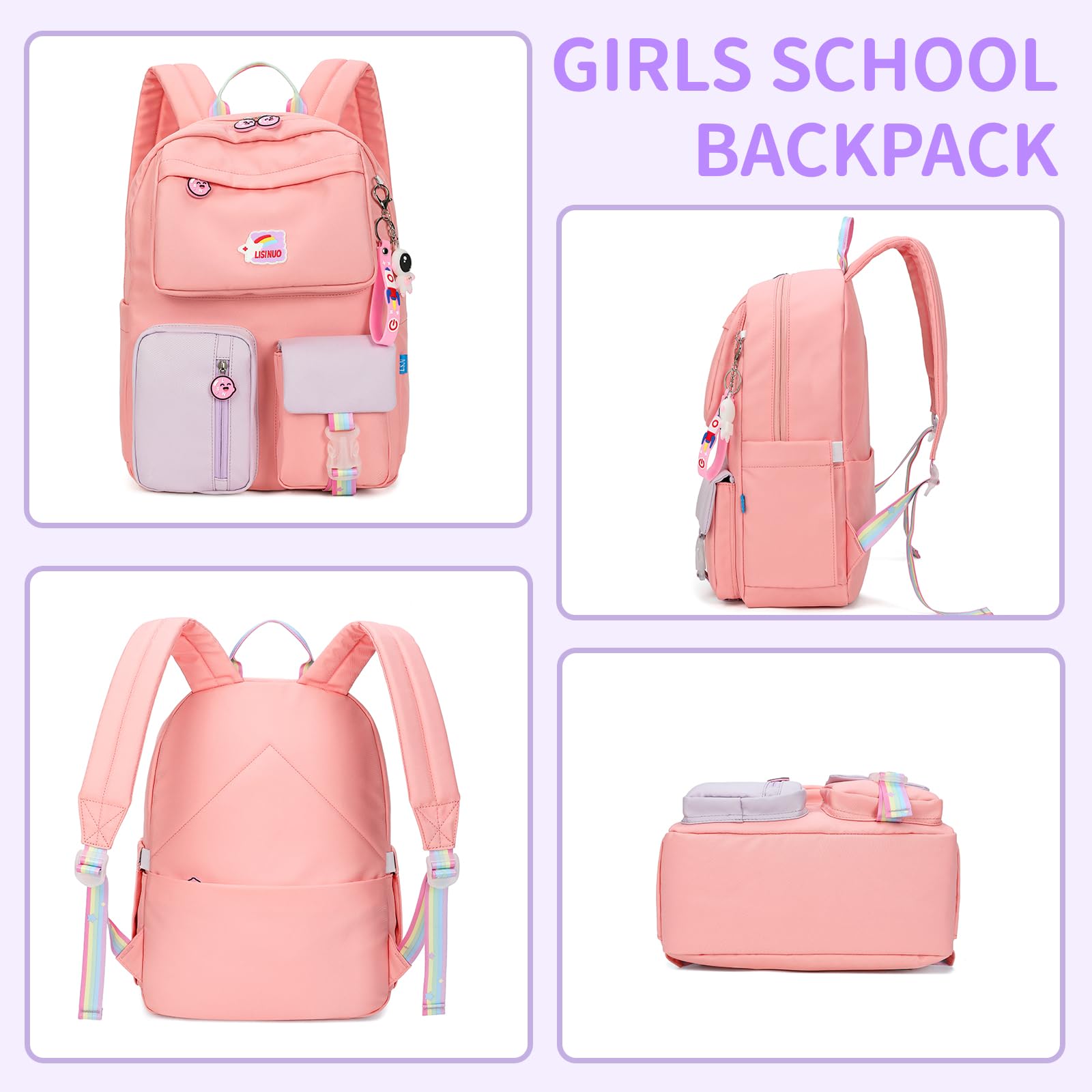 Cute Pink Backpack for Girls - School Bookbag for Teens with Free Pendant - Lightweight & Durable for School, Travel & Daily Use