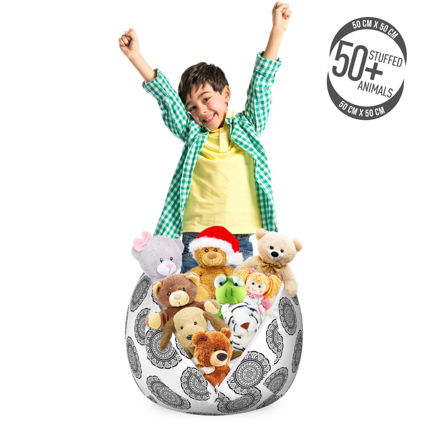 Ambesonne Mandala Toy Storage Bag Chair – Traditional Round Design on Plain Background, Washable Stuffed Animal Organizer – Small Size Grey & White – Perfect for Kids' Room, Nursery, or Playroom Organization