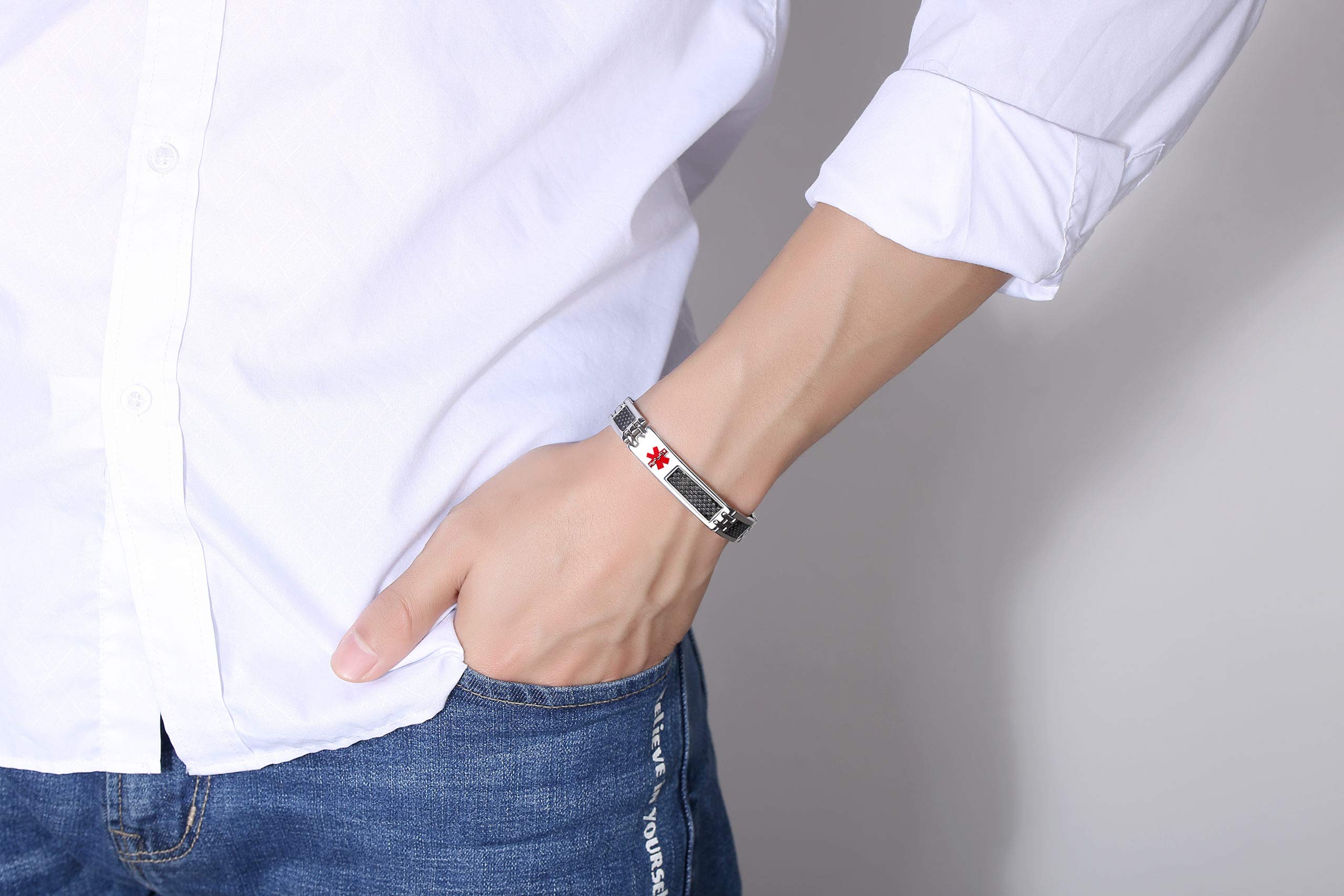 LinnaLove Black Carbon Fiber Medical Alert Bracelet for Men & Women - Stainless Steel ID Bracelet with Free Engraving - Perfect for Emergency Medical Identification & Everyday Wear