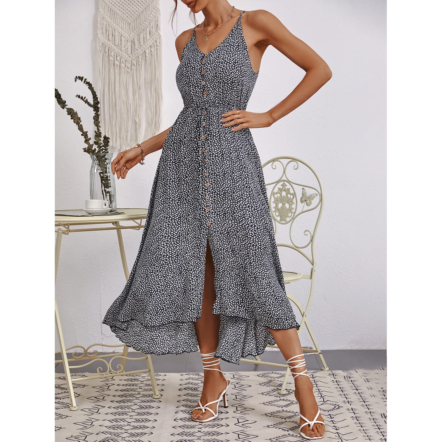 BROVAVE Women's 2025 Summer Casual Boho Sundress - Polka Dot Spaghetti Strap V-Neck Flowy Midi Dress for Beach, Vacation & Outdoor Parties | Lightweight & Comfortable