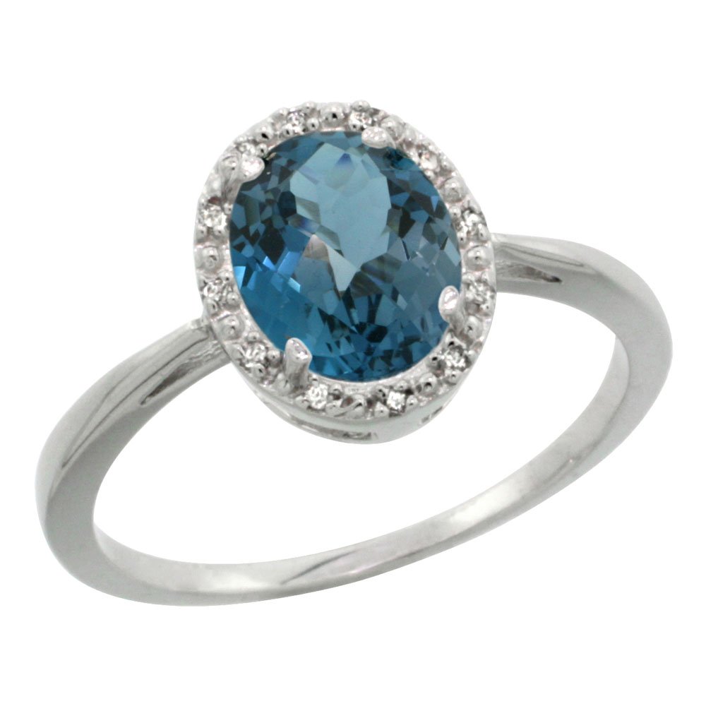 10K White Gold Oval London Blue Topaz & Diamond Halo Engagement Ring (8x6mm, Size 5-10) - Perfect for Proposals, Anniversaries & Special Occasions