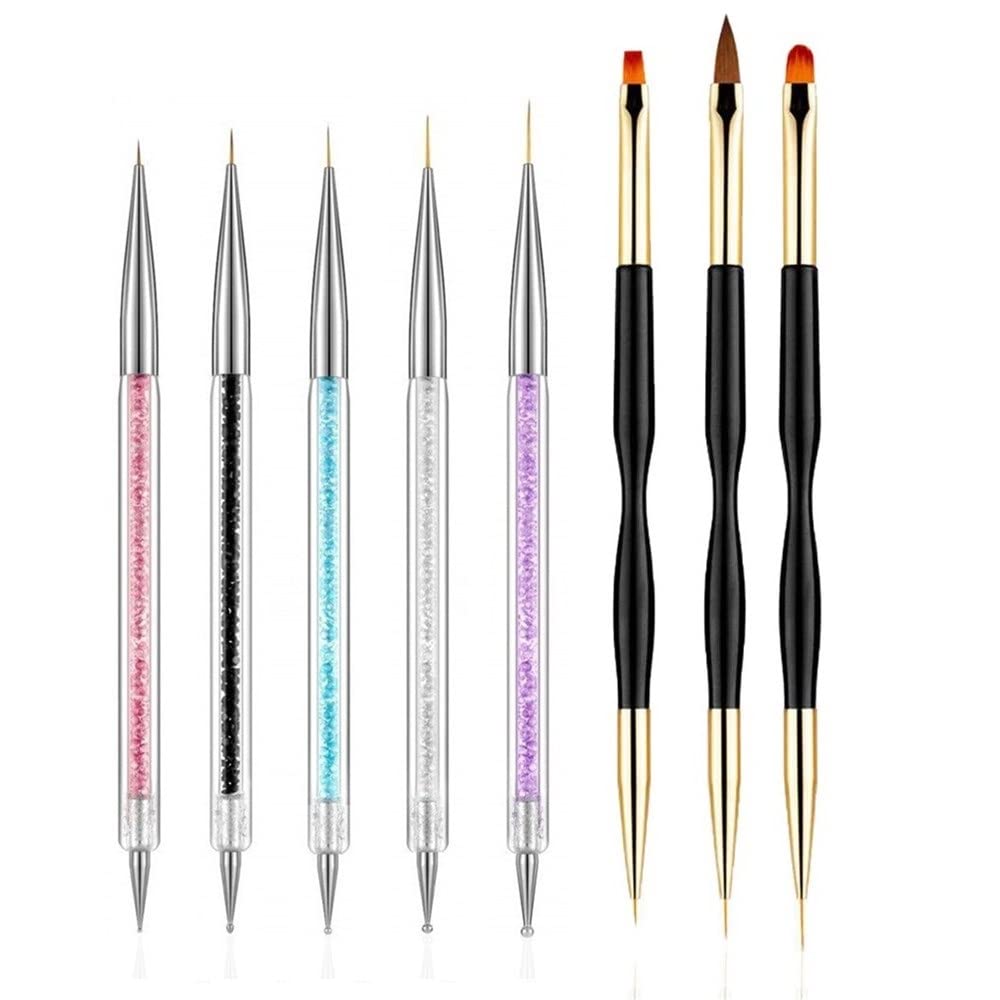5PCS Nail Dotting Pens & 3PCS Nail Art Brushes - Dual Ended Professional Nail Art Tools for Acrylic Painting, Drawing & Lining - Perfect for DIY Manicures, Salon Nail Designs & Creative Nail Art (8-Piece Set)