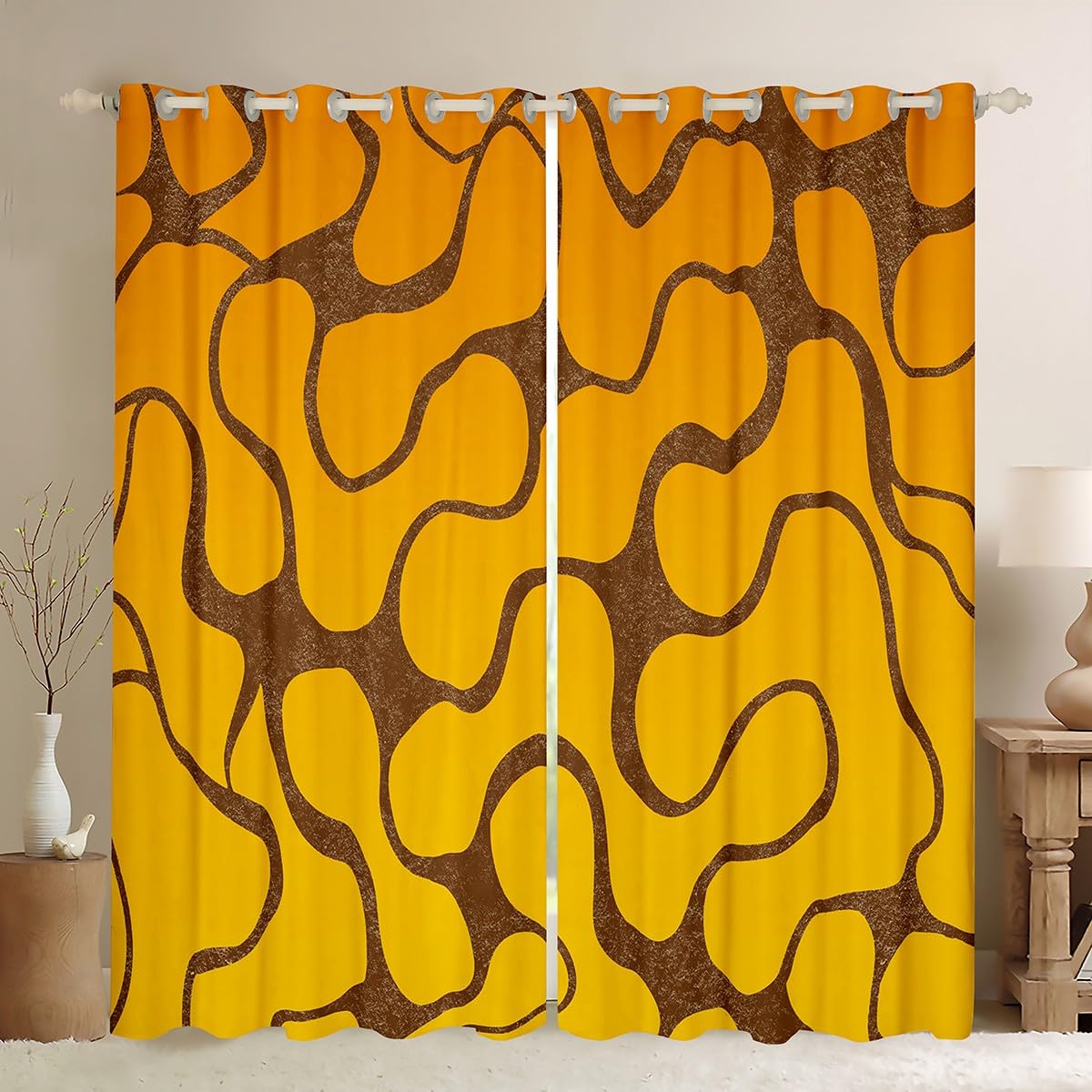 Geometric Abstract Wavy Line Window Curtains - Yellow Brown Stripe Drapes for Bedroom & Living Room - Modern Luxury Decor for Kids Boys Girls - 38x54 Inches, 2 Panels - Perfect for Nursery, Playroom & Home Office