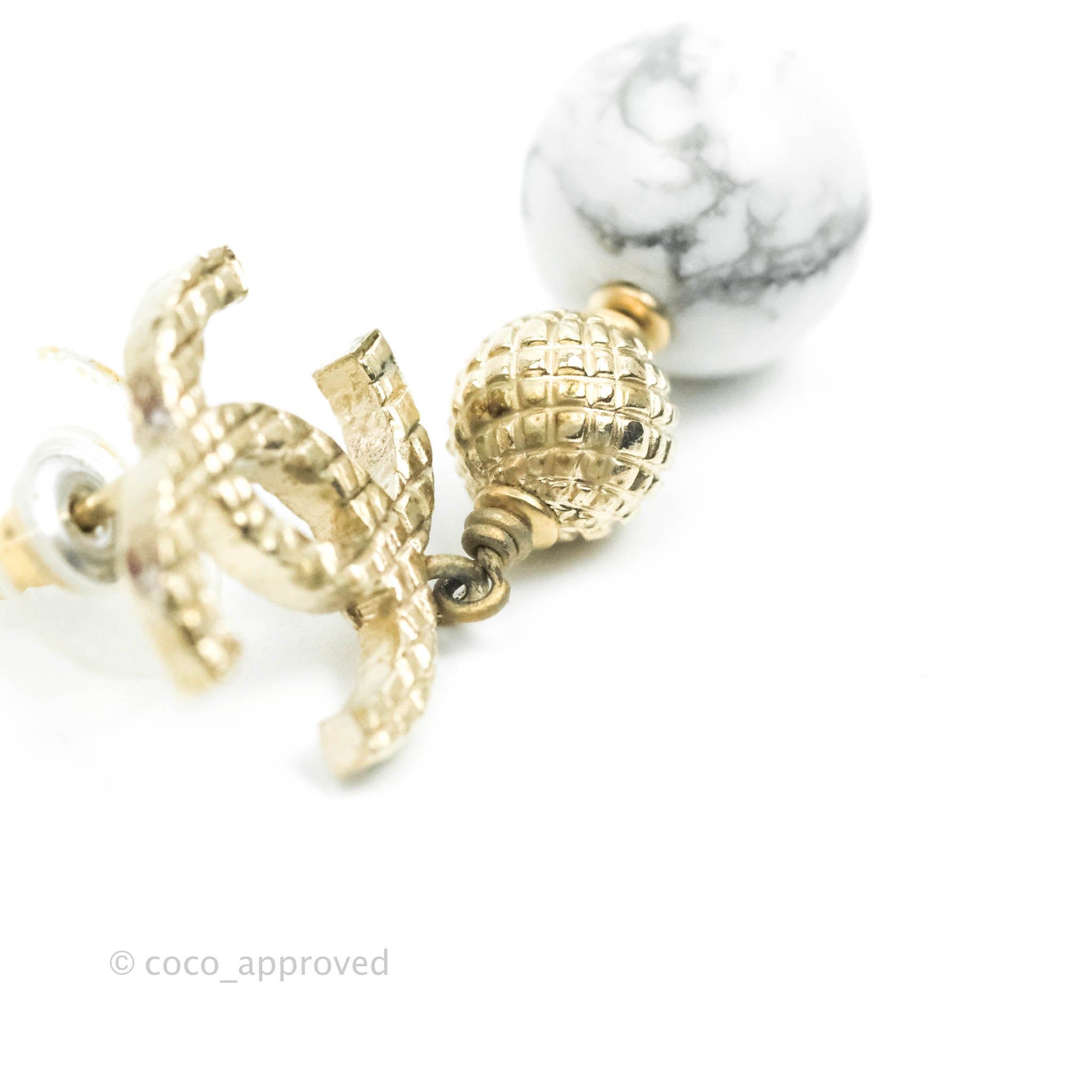 Chanel CC Drop Marble Earrings in Gold Tone - 16A Collection | Luxury Fashion Jewelry for Women | Perfect for Parties, Weddings & Special Occasions