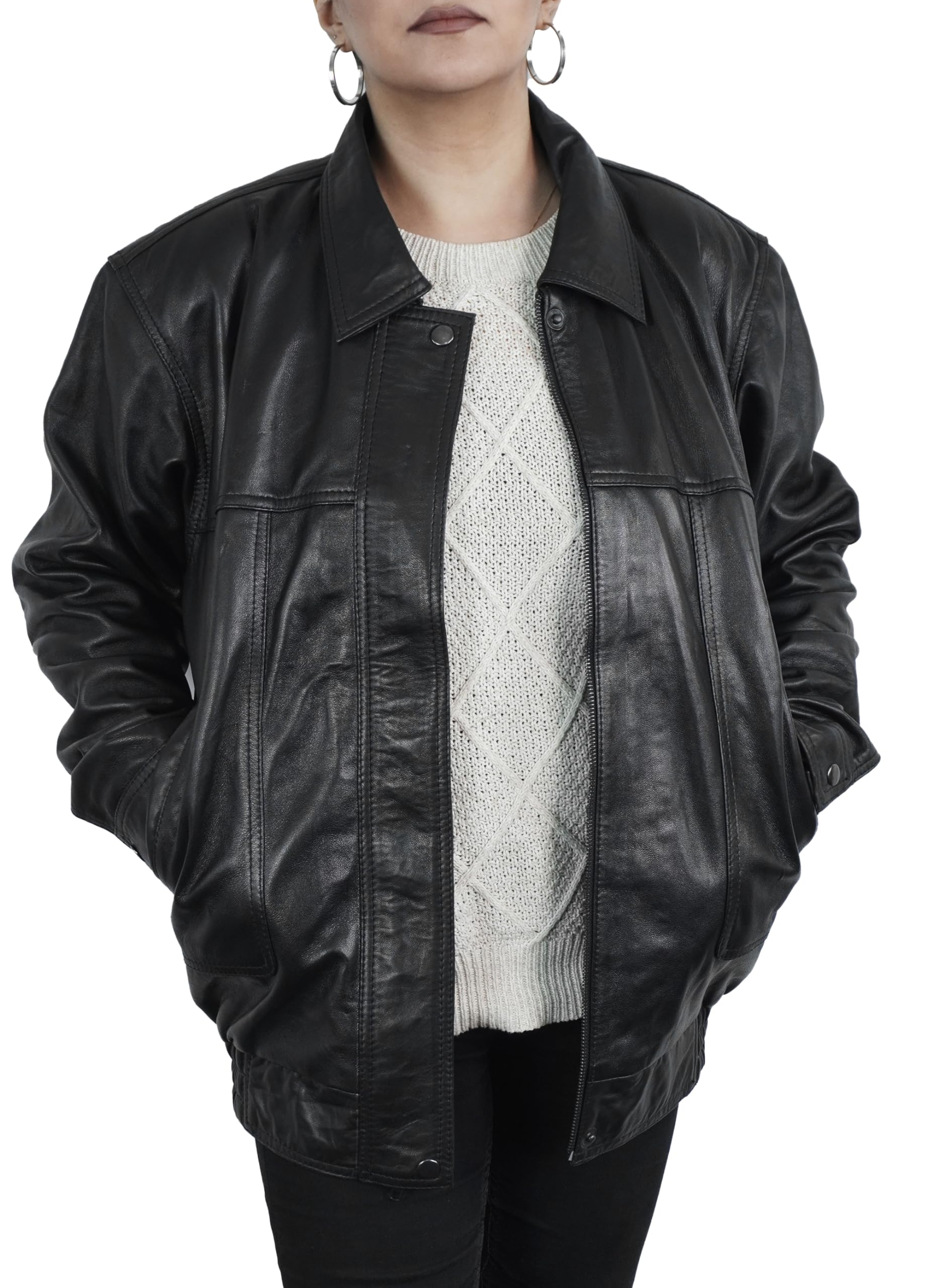 Women's Oversized Black Leather Jacket - Plus Size 90s Vintage Style Biker Jacket for Women | Perfect for Casual Outfits, Streetwear & Retro Fashion
