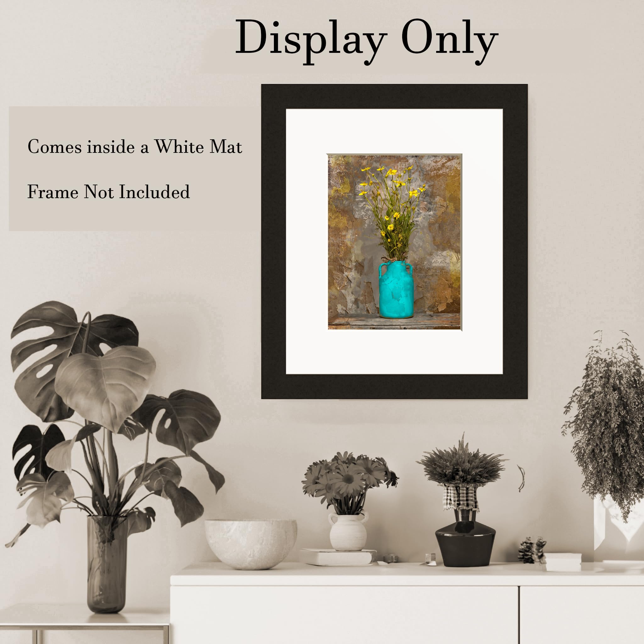 Handmade Teal Rustic Wildflowers Wall Art Print - 8x10 Picture with 11x14 Mat for Kitchen, Bathroom, Bedroom Decor | Farmhouse Home Decor | Perfect for Housewarming Gifts & Boho Interior Design
