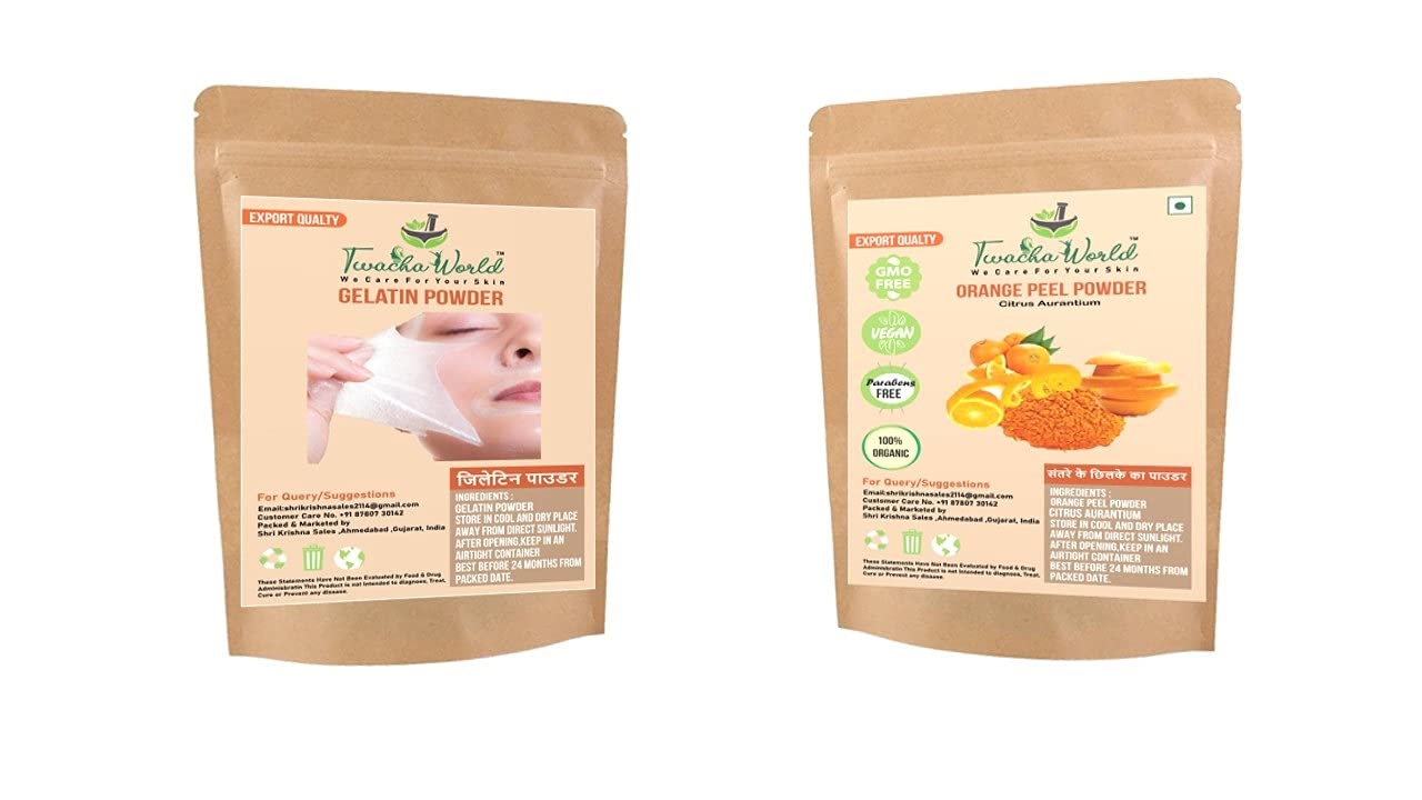 Twacha World Gelatin Powder & Orange Peel Powder Combo (100g Each) for DIY Face Mask, Peel Off Mask, Hair Removal & Blackhead Treatment - Skin Care & Beauty Essential (Pack of 2, Total 200g) - Perfect for Spa Day, At-Home Facial & Self-Care Routine