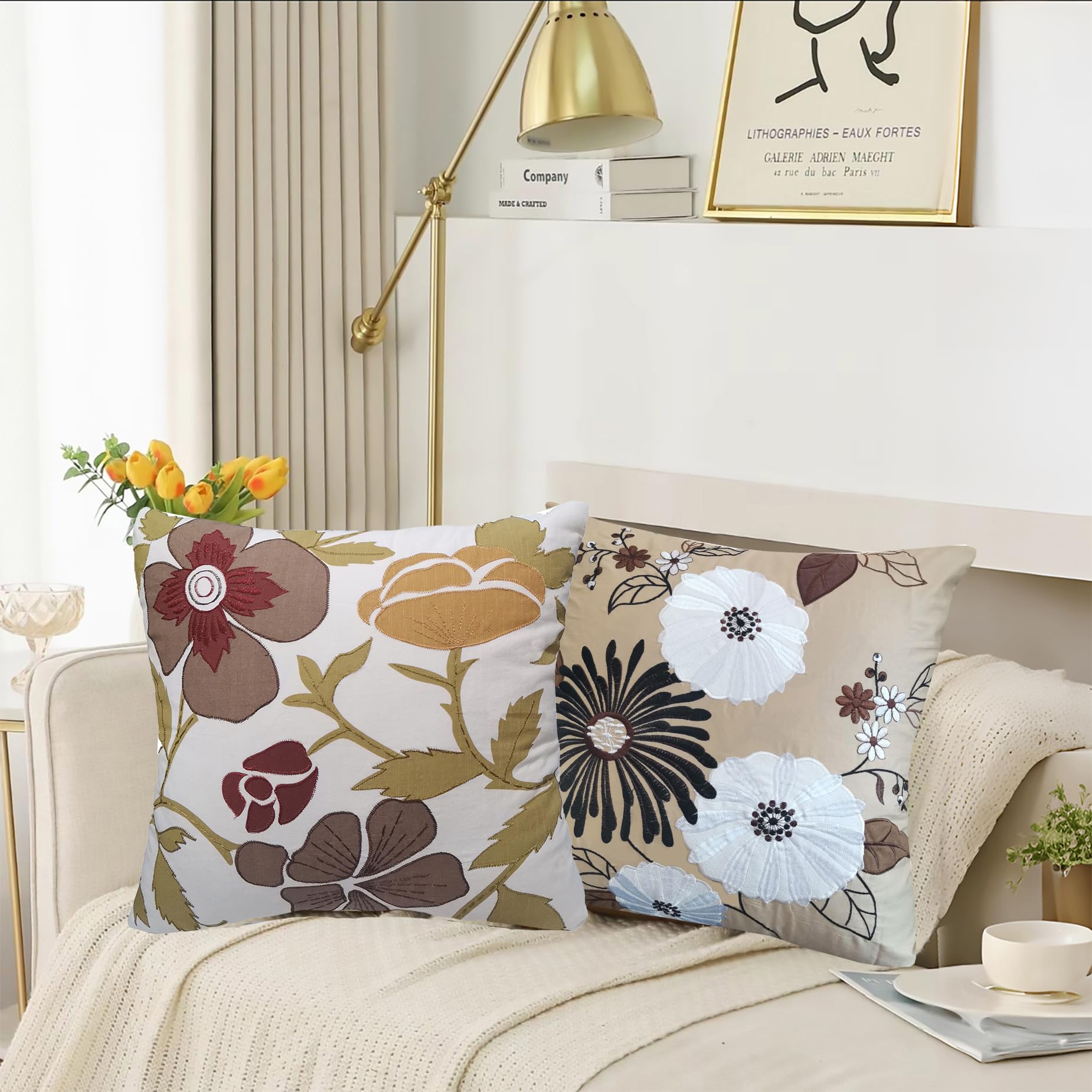 European Floral Appliquéd Embroidery Cotton Satin Cushion Cover 18x18 Inch - French Country Farmhouse Decorative Throw Pillow Case in Black/White/Brown Blooming Flower Design for Living Room Sofa, Bedroom Decor, Fall and Festive Home Accents