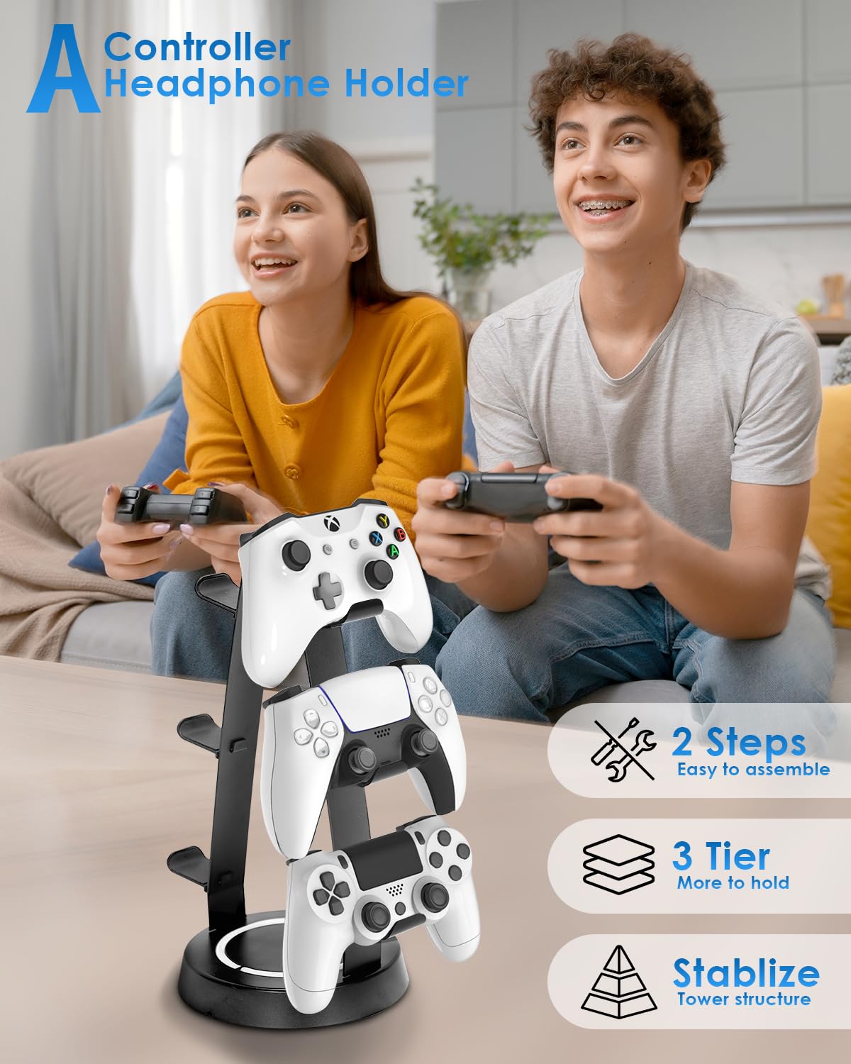 3-Tier Universal Aluminum Game Controller & Headphone Stand - Compatible with Xbox, PS4, PS5, Switch & PC Gaming Accessories - Desk Storage Organizer for Gaming Setup & Office Organization (Black)