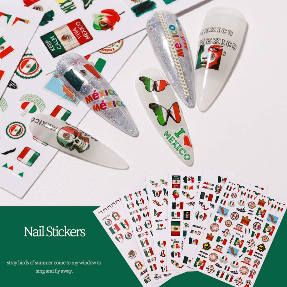 Mexican Flag Nail Stickers - 3D Self-Adhesive Nail Art for DIY Manicure & Party Decor
