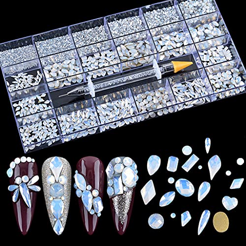 Harlotte Nail Art Crystal Rhinestone Set - Iridescent White Multi-Shape Flat Back Gems for Nails, Face & Makeup Decoration | Perfect for DIY Manicures, Bridal Nails & Festival Glam Looks
