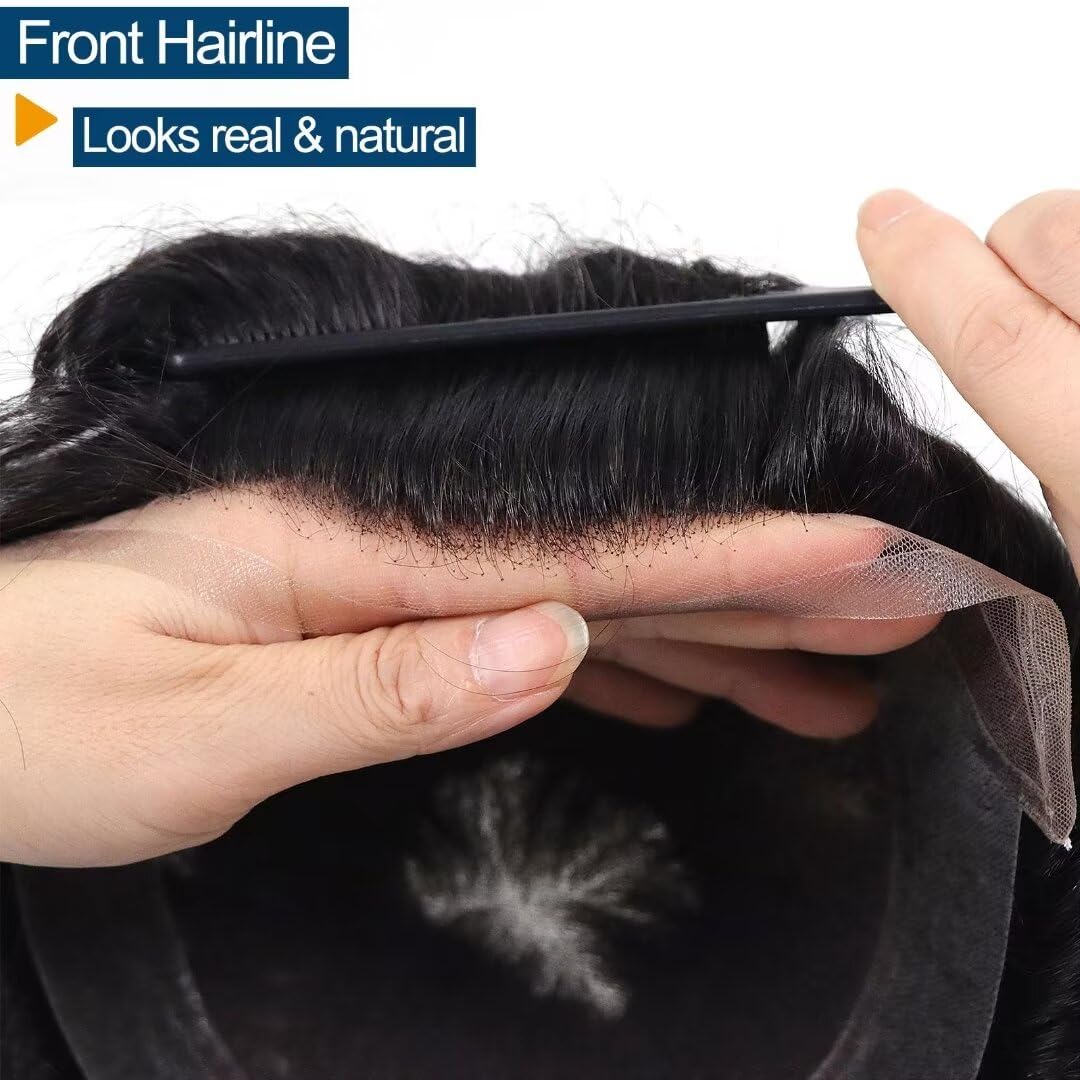 Men's Real Human Hair Toupee - Breathable Thin Skin Swiss Lace Hair Replacement System (8x10inch, #1B Off Black) | Medium Light Density Hairpiece for Natural Look | Perfect for Daily Wear, Special Occasions & Hair Loss Solutions