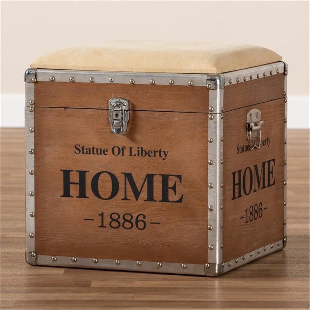 BOWERY HILL Beige Fabric and Wood Storage Ottoman - Versatile Footrest, Extra Seating & Living Room Storage Solution