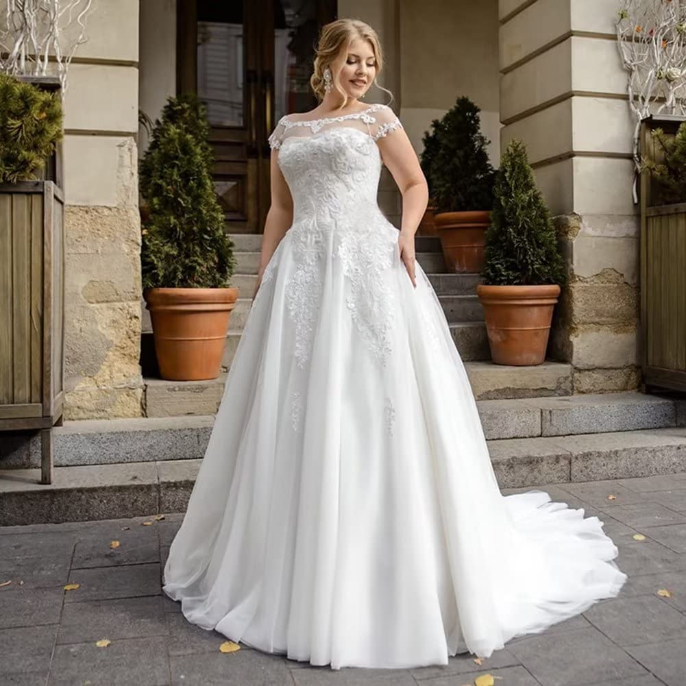 Elegant A-Line Scoop Neck Lace Wedding Dress with Sleeves - Bridal Gown for Bride - Perfect for Church, Beach and Outdoor Ceremonies