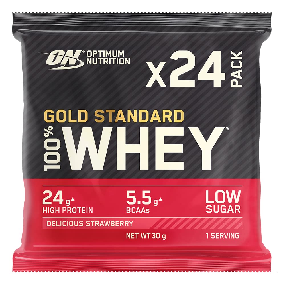 Optimum Nutrition Gold Standard 100% Whey Protein Powder - Strawberry Flavor (24 Sachets) | Muscle Recovery & Post-Workout Supplement for Athletes & Fitness Enthusiasts