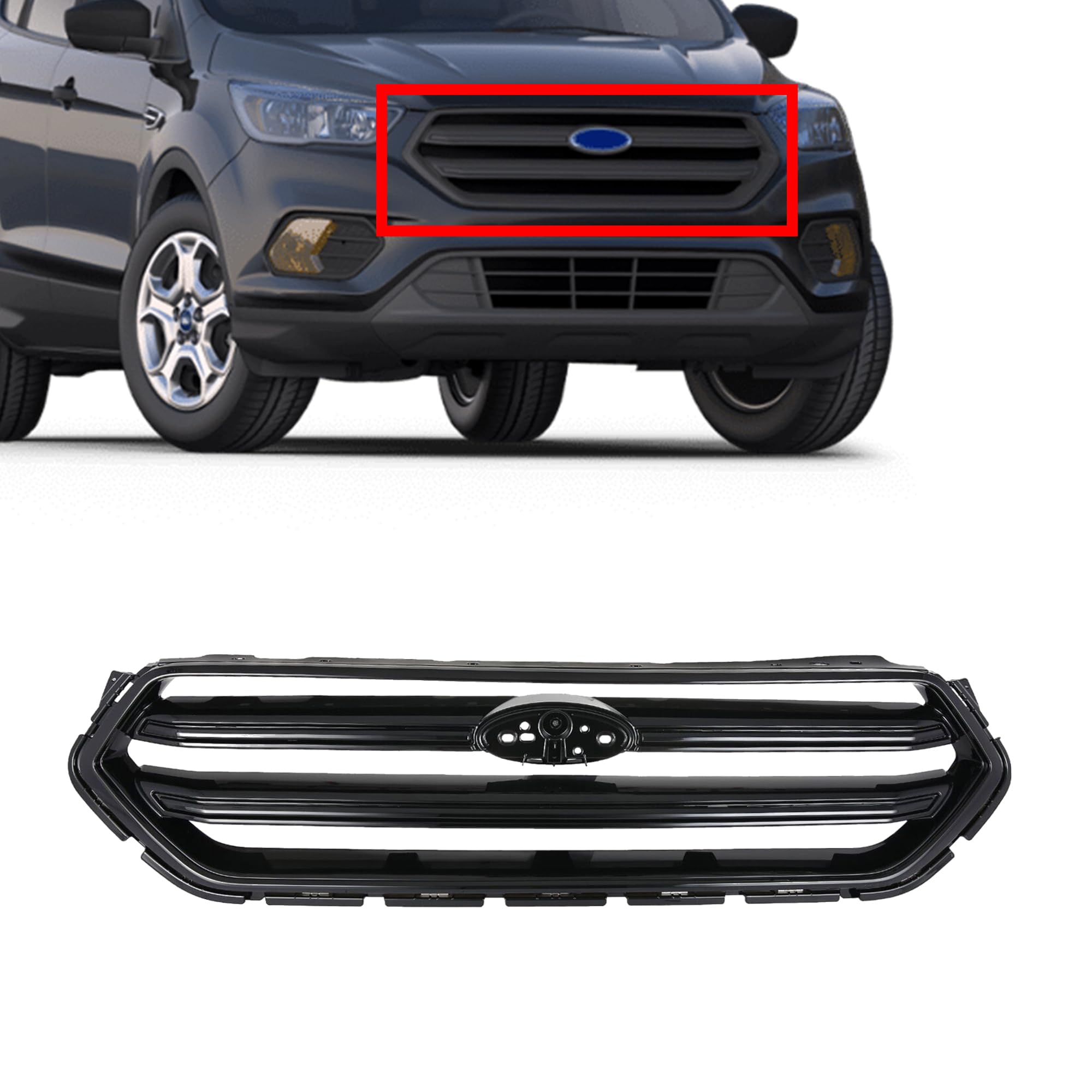 2017-2018-2019 Ford Escape Front Upper Bumper Grille - Glossy Black Replacement (Part #GJ5Z8200B) | Perfect for Off-Roading & Custom Car Upgrades