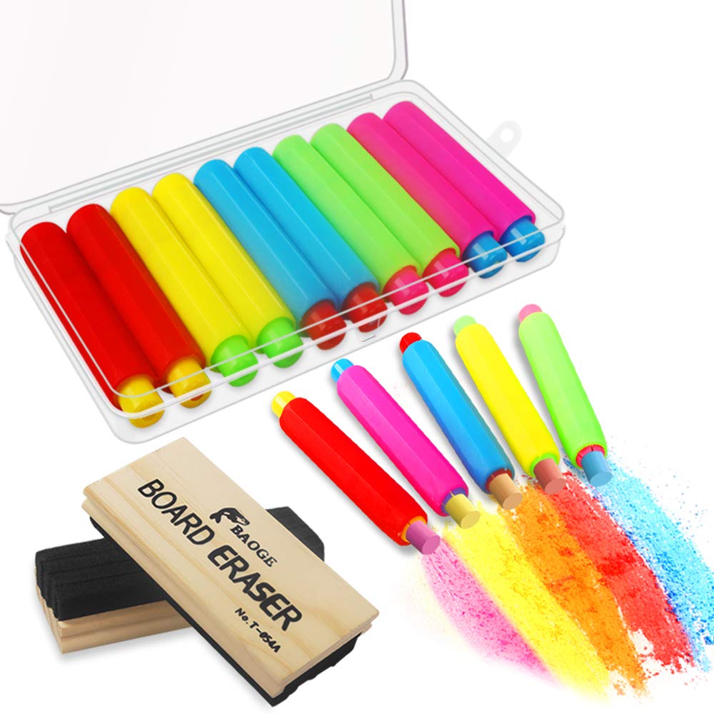 10 Pack Colorful Chalk Holders with Storage Case & 2 Dustless Wool Felt Chalkboard Erasers - Perfect for Teachers, Kids Classroom & Home Schooling Supplies